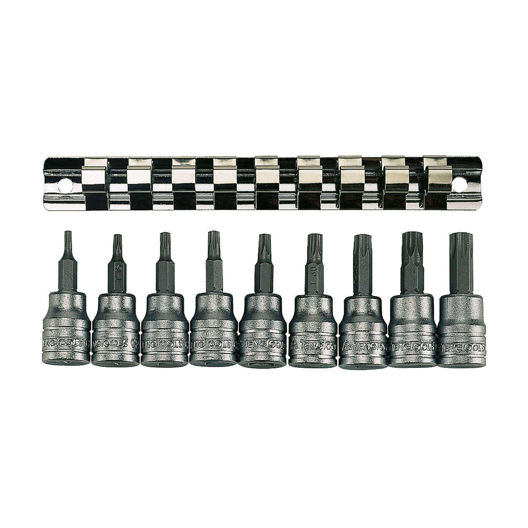 Teng Tools 9 Piece 3/8 Inch Drive TX Socket Set (TX10 - TX50) + Clip Rail & 9 Socket Clips - M3813TX