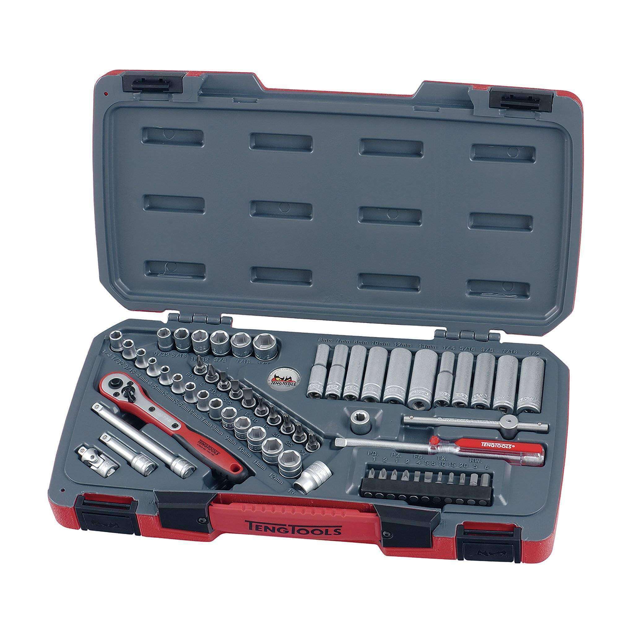 Teng Tools 60 Piece 1/4 Inch Drive 6 Point Metric & SAE Regular/Shallow & Deep Socket Set - T1460