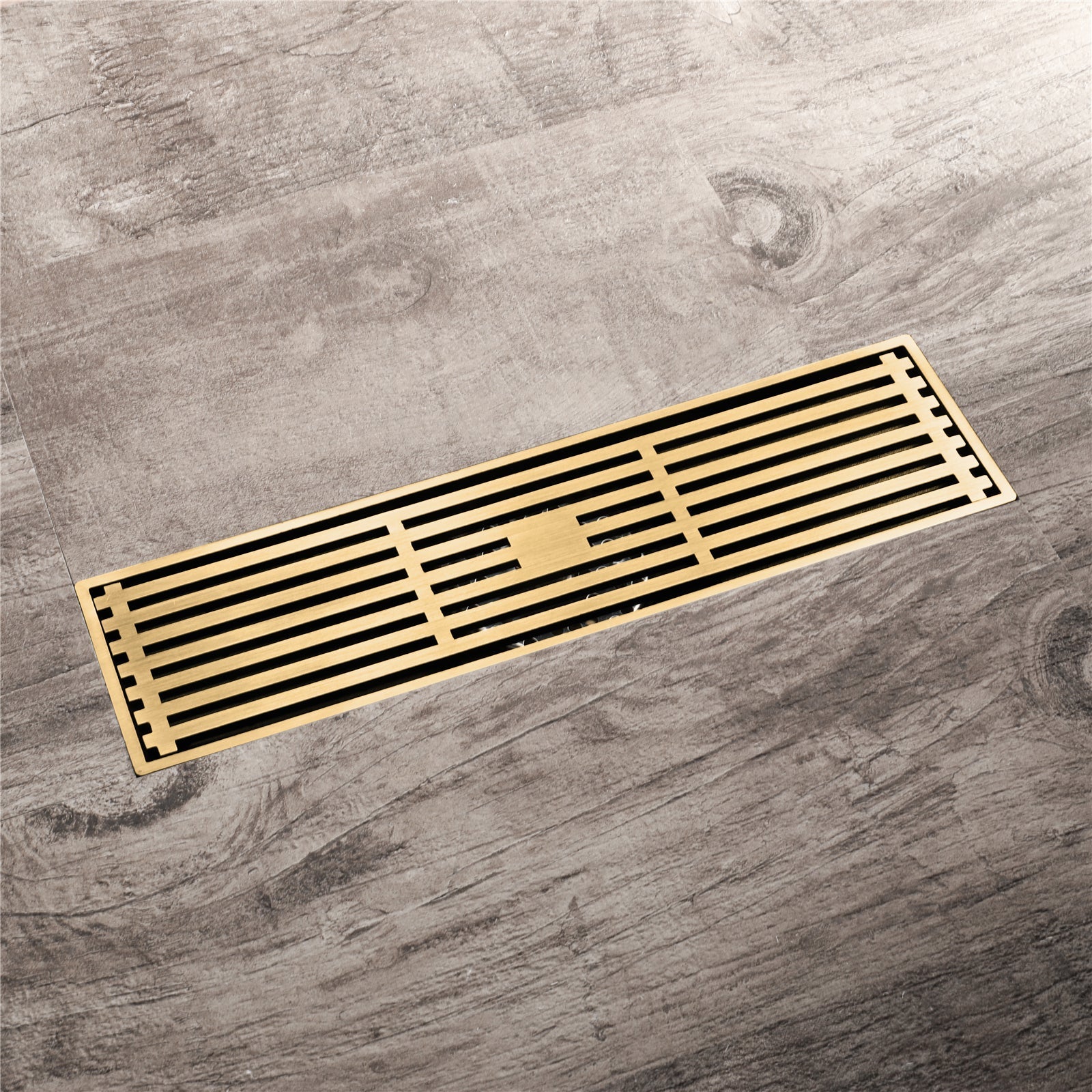 12-Inch Brushed Gold Rectangular Floor Drain - Square Hole Pattern Cover Grate - Removable - Includes Accessories
