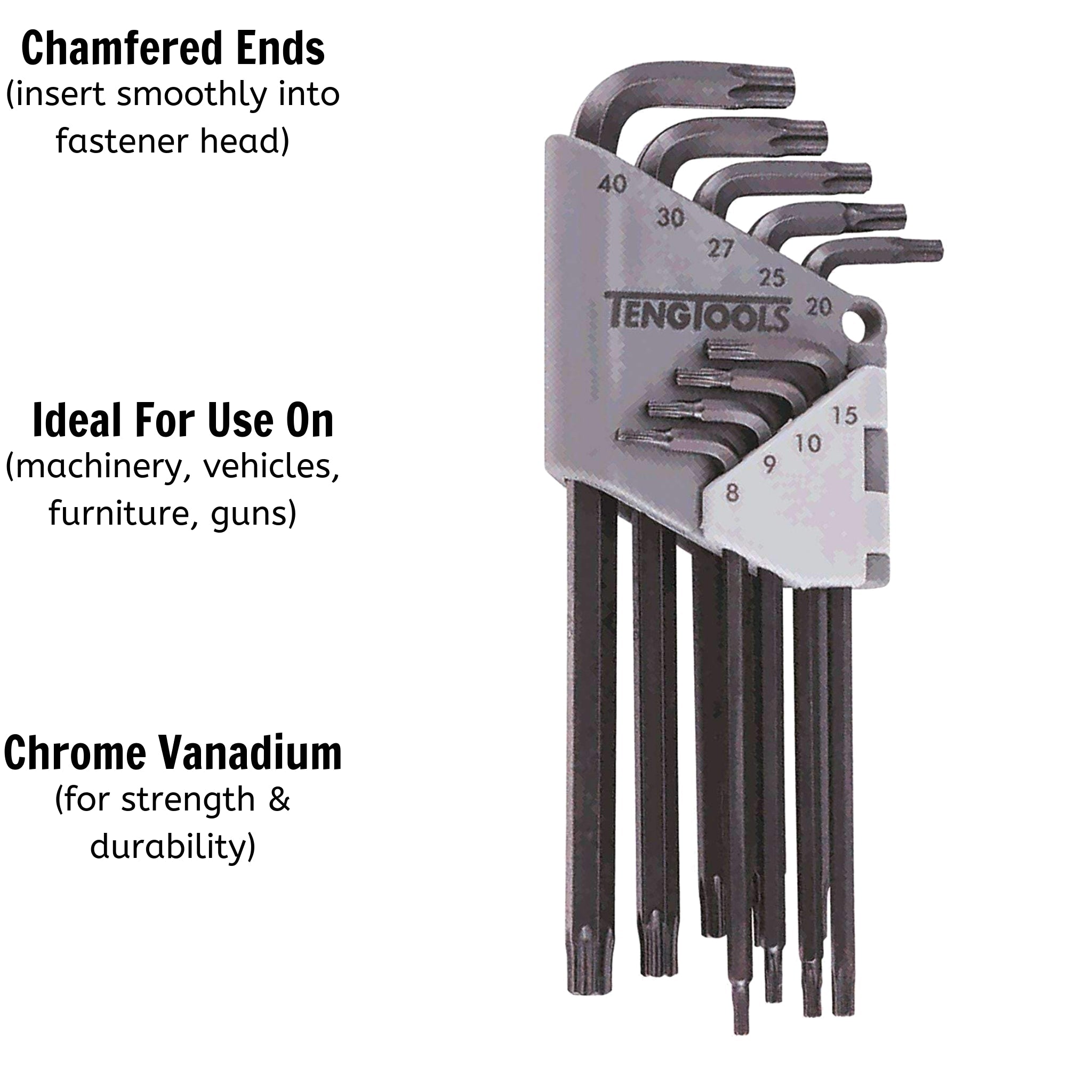 Teng Tools 9 Piece Black Industrial Grade Torx Key / Allen Wrench Set (TX8 - TX40) - 1479TX