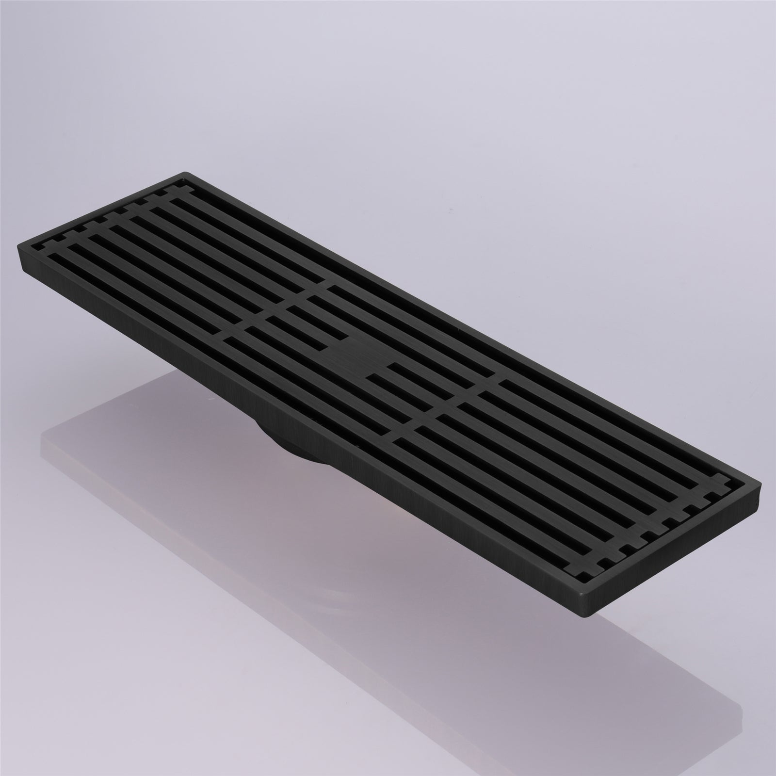 12-Inch Matte Black Rectangular Floor Drain - Square Hole Pattern Cover Grate - Removable - Includes Accessories