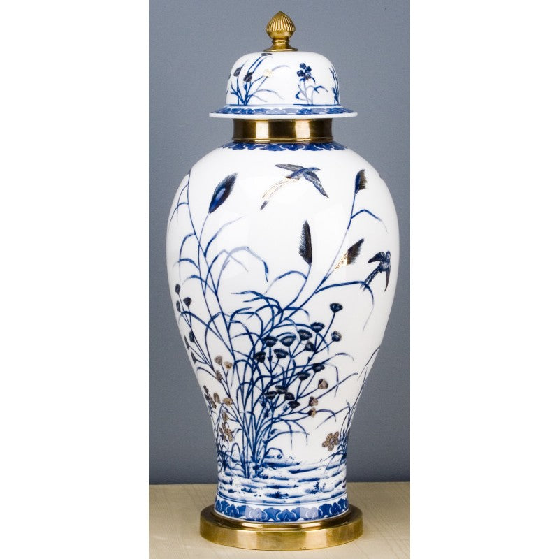 Lovecup Round Jar With Bronze - Blue And White With Real Gold Glaze L320