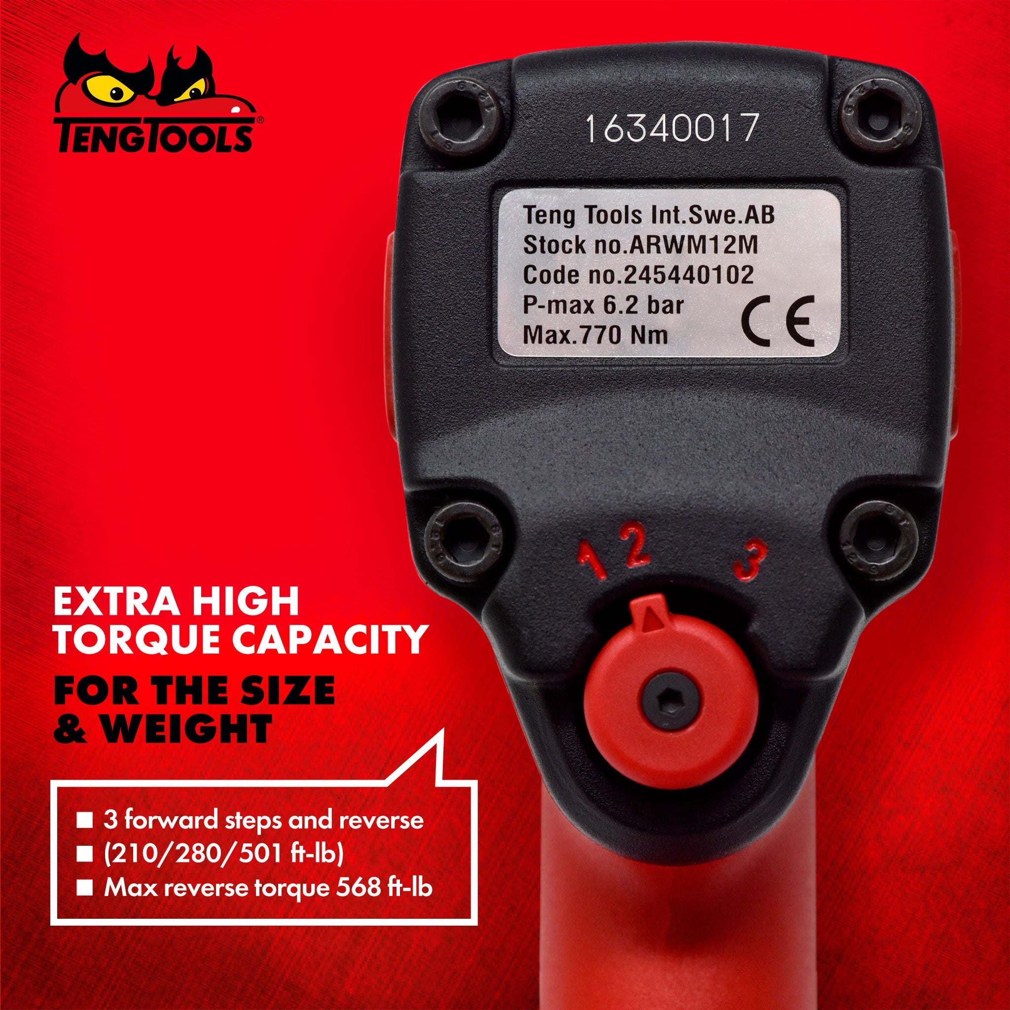 Teng Tools 1/2 Inch Square Drive Reversible High Torque Mini Compact Air Impact Wrench Gun - ARWM12M