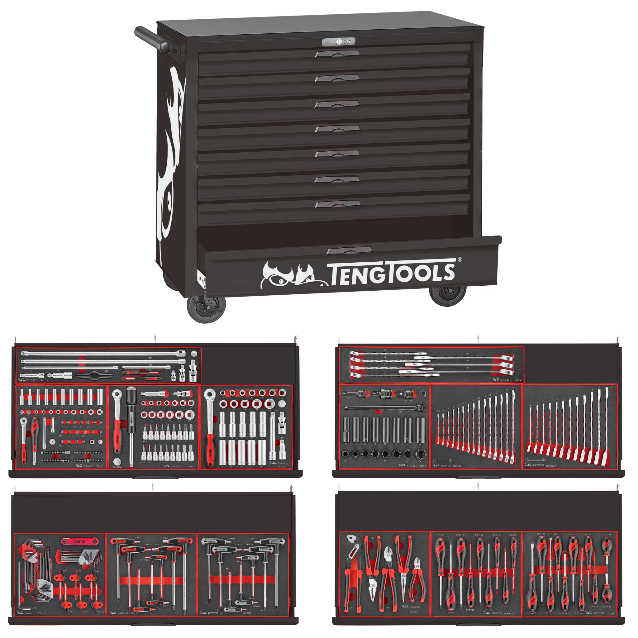 Teng Tools 447 Piece 'Limited Edition' Black 37 Inch Wide 8 Drawer Roller Cabinet Workstation Tool Kit - TCEMM637NBK-BUILD