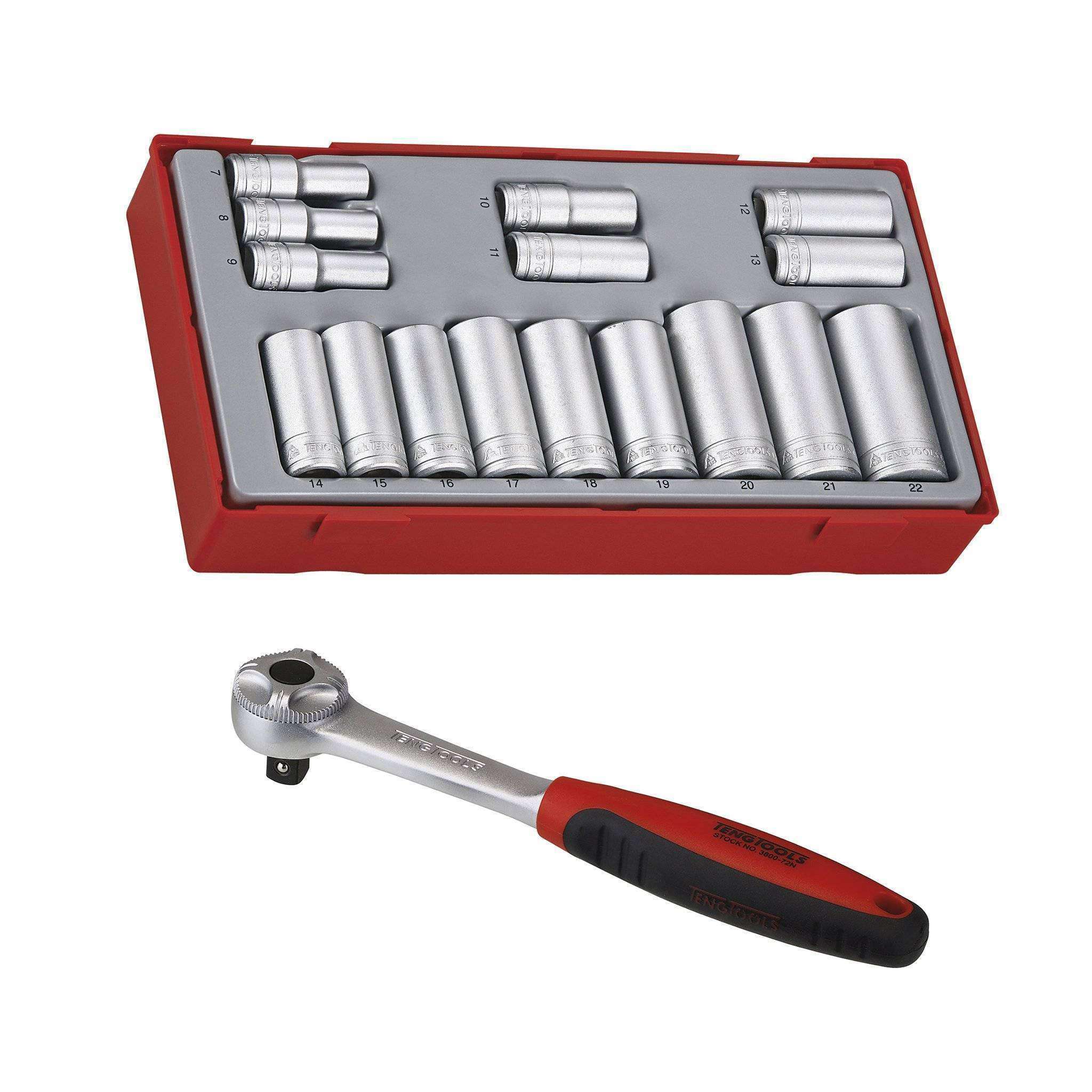 Teng Tools 3/8 Inch 16 Piece 6 Point 7 to 22mm Deep Sockets and 72 Teeth Ratchet Set Bundle
