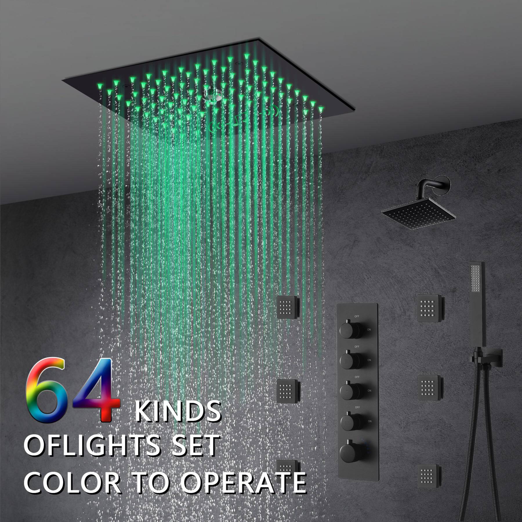 12-Inch Matte Black Flush Mount Shower Faucet Set with Digital Display: 4-Way Thermostatic Control, 64-Color LED Lights, Bluetooth Music, Body Sprayers and Regular Head