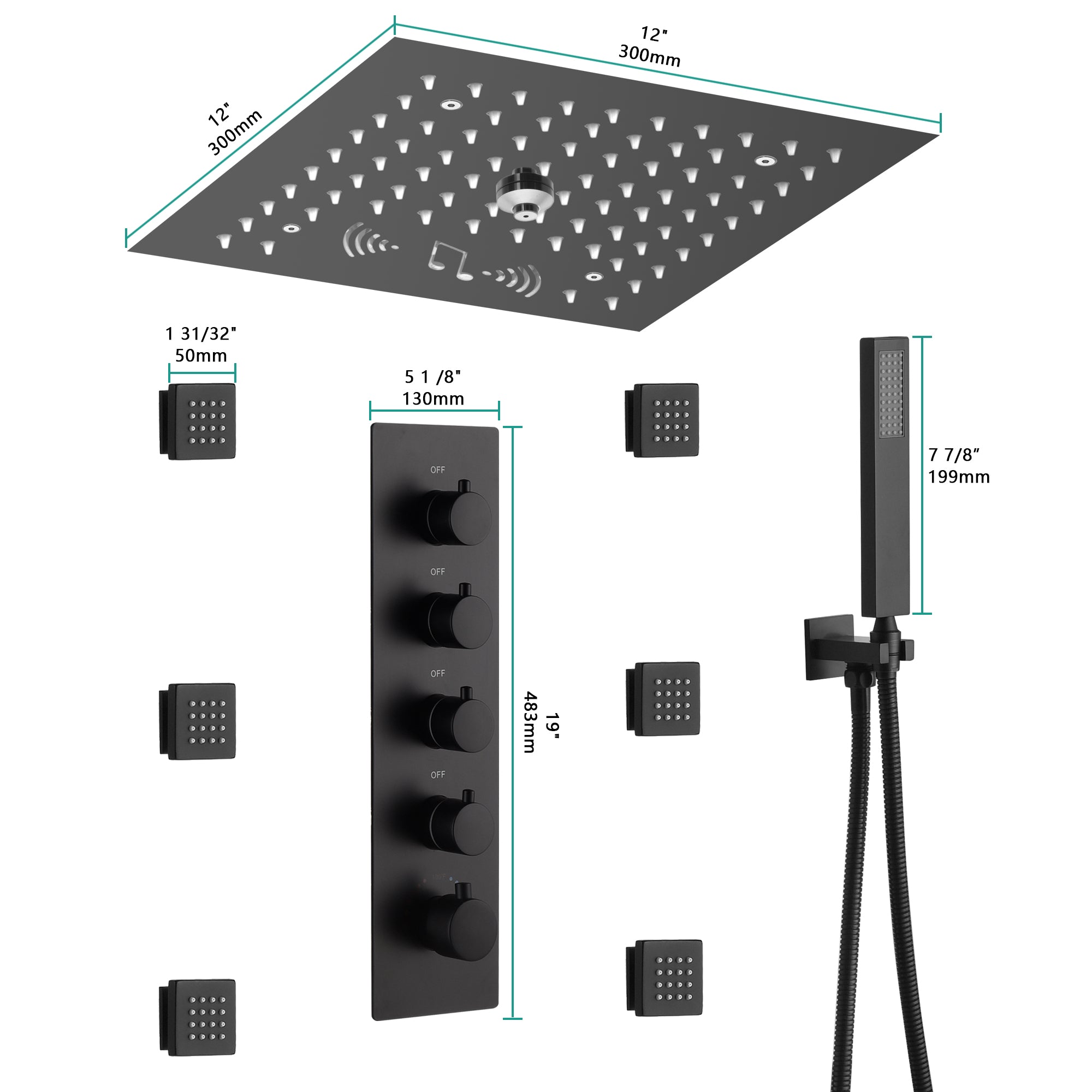 12-Inch Flush-Mount Matte Black Thermostatic Shower Faucet: 4-Way Control, 64-Color LED Lighting, Bluetooth Music, Optional Digital Display, and Body Sprayers