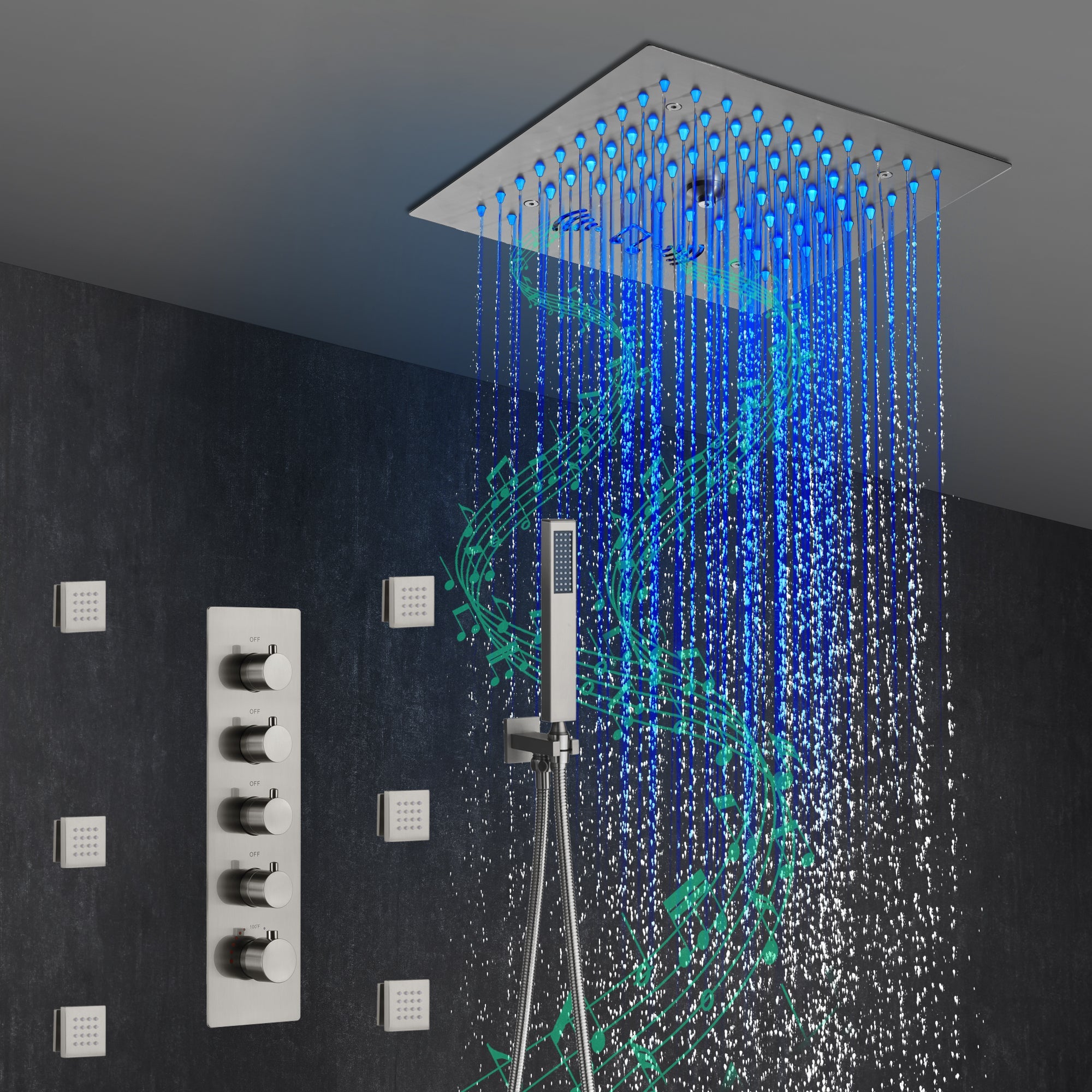 12-Inch Flush-Mount Brushed Nickel Thermostatic Shower Faucet: 4-Way Control, 64-Color LED Lighting, Bluetooth Music, and Body Sprayers