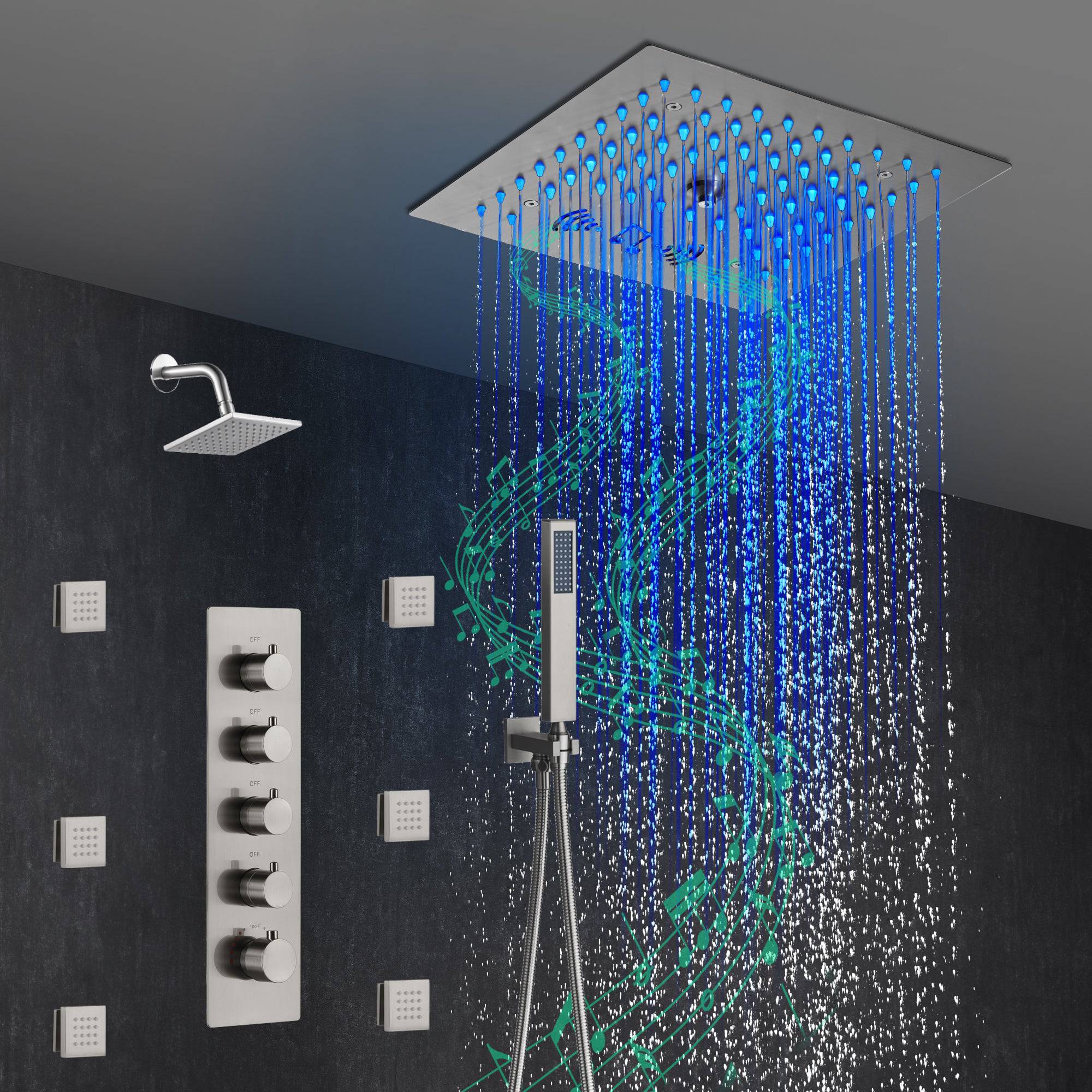 12-Inch Brushed Nickel Flush Mount Shower Faucet Set: 4-Way Thermostatic Control, 64-Color LED Lights, Bluetooth Music, Body Sprayers, and Regular Head
