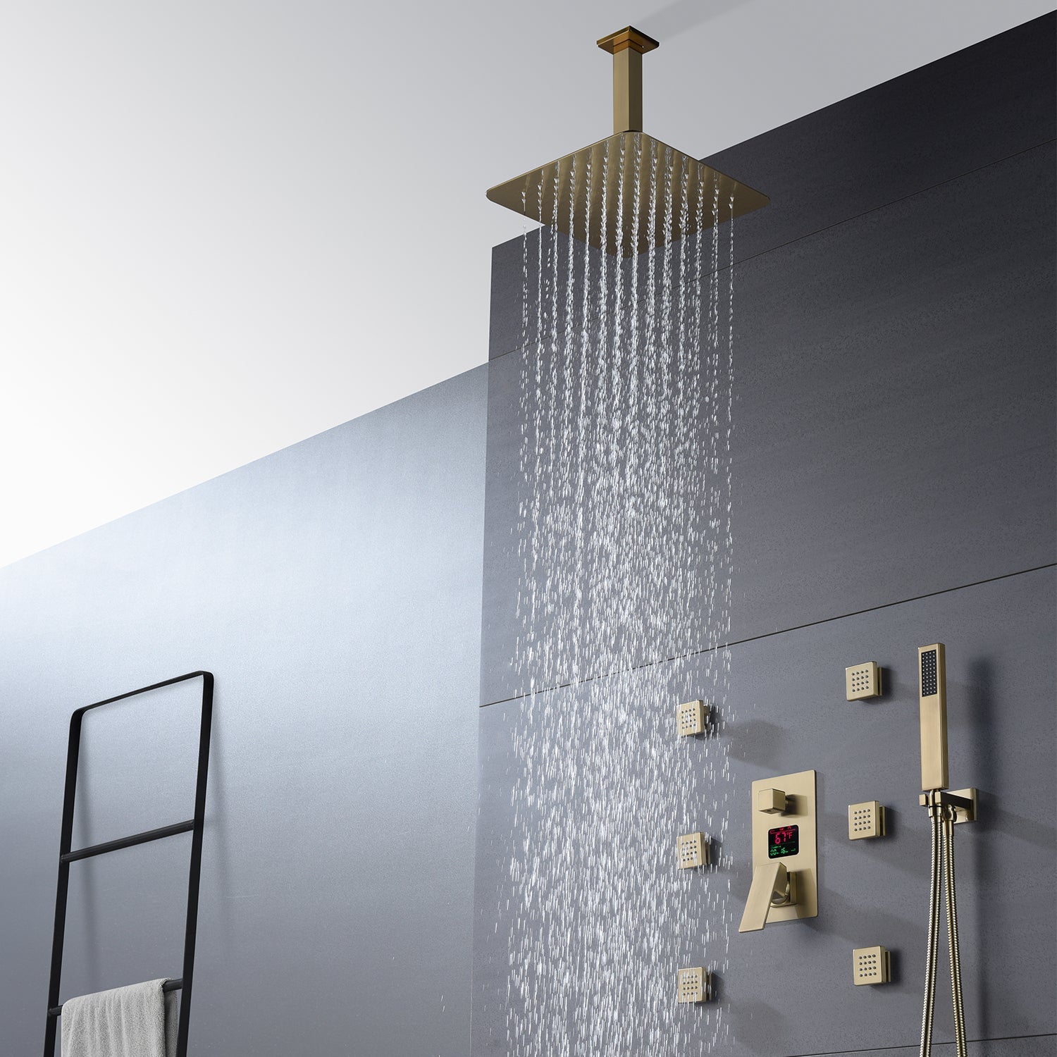 12-Inch or 16-Inch Brushed Gold Ceiling-Mounted Shower System - Features 3-Way Digital Display Anti-Scald Valve & Includes 6 Body Jets