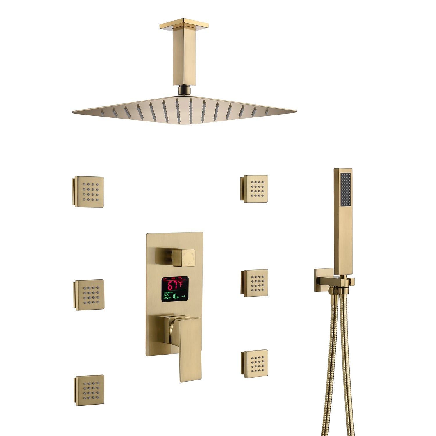 12-Inch or 16-Inch Brushed Gold Ceiling-Mounted Shower System - Features 3-Way Digital Display Anti-Scald Valve & Includes 6 Body Jets