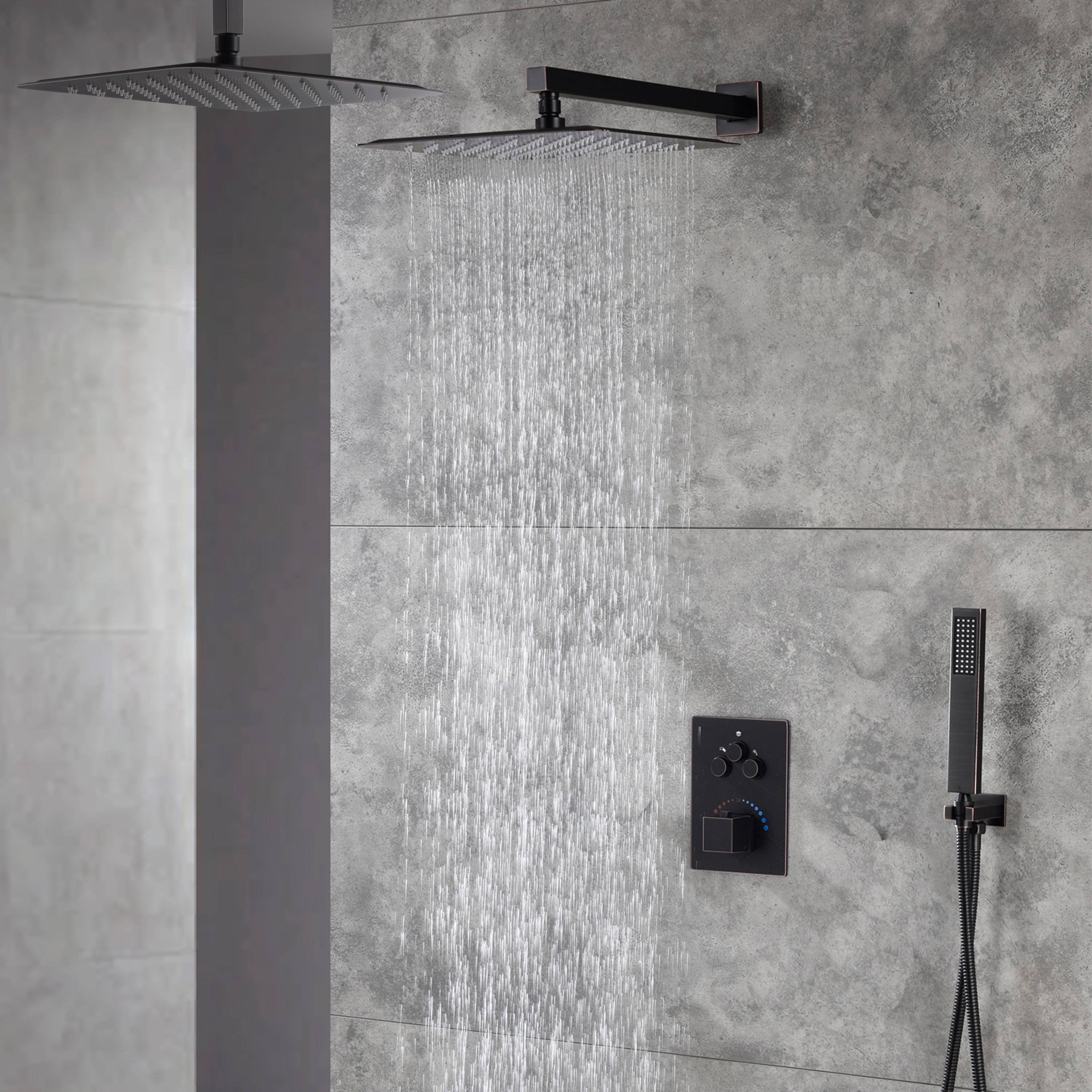 12-Inch Non-LED Light Ceiling Mounted Oil Rubbed Bronze 3-Way Thermostatic Shower Faucet System with Wall Mount 12-Inch Rainfall Shower Head
