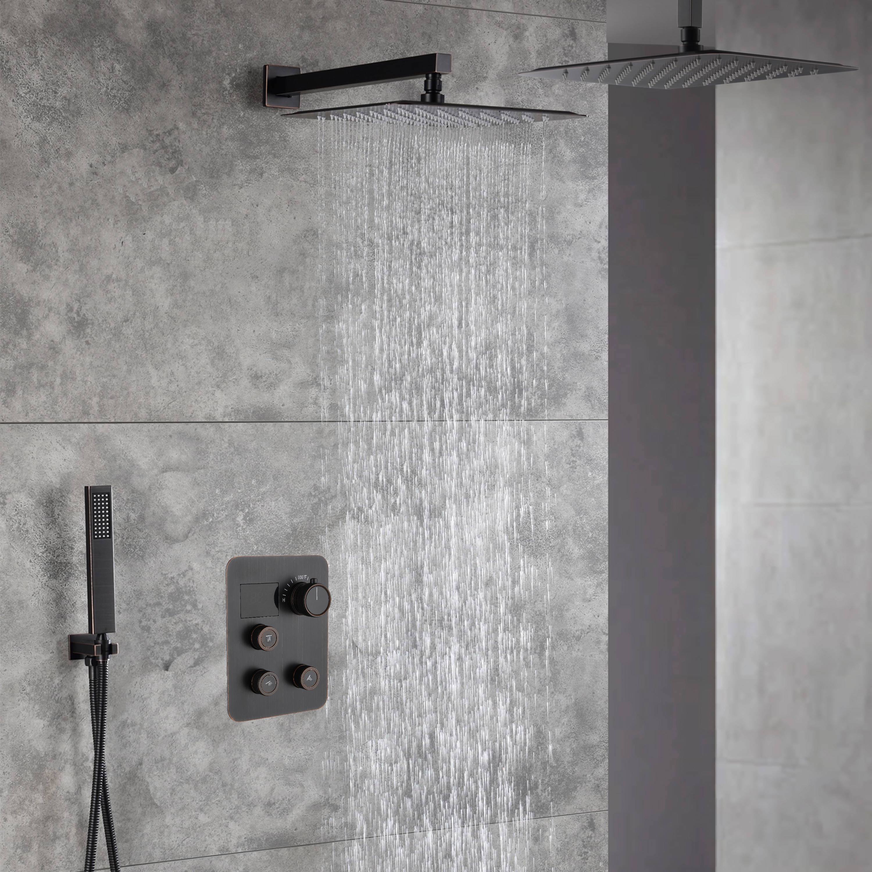 12-Inch Non-LED Light Ceiling Mounted Oil Rubbed Bronze 3-Way Thermostatic Shower Faucet System with Wall Mount 12-Inch Rainfall Shower Head