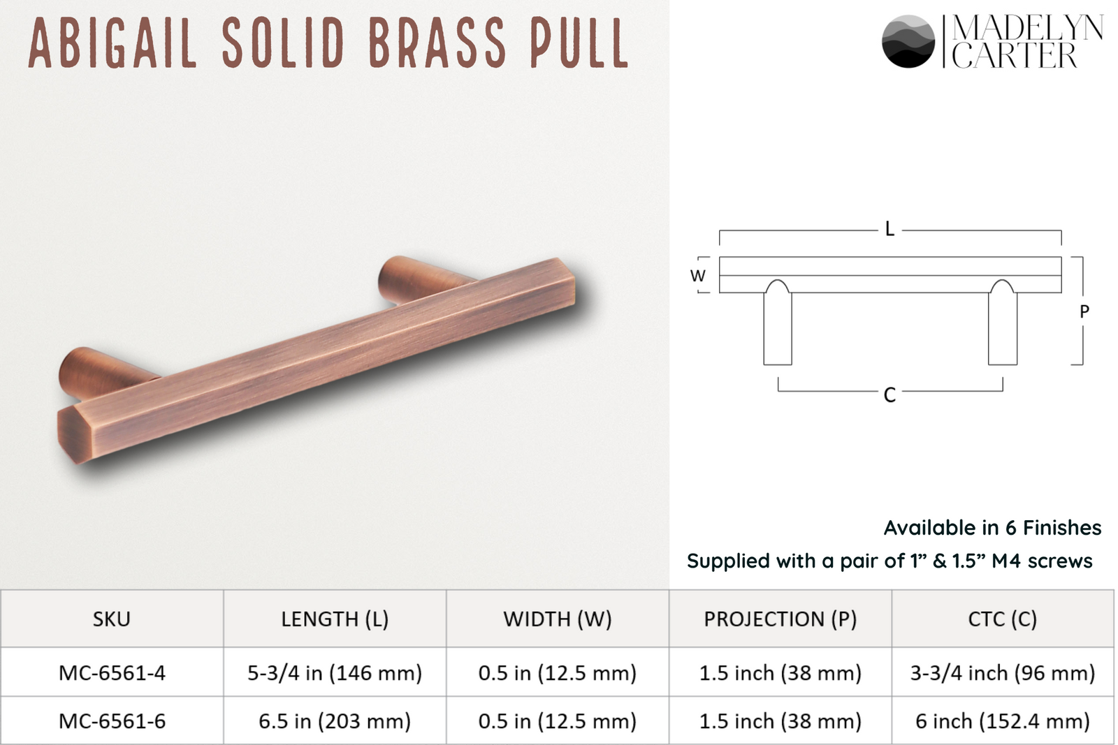 Abigail Solid Brass Drawer Pull - 6 Inch Centers