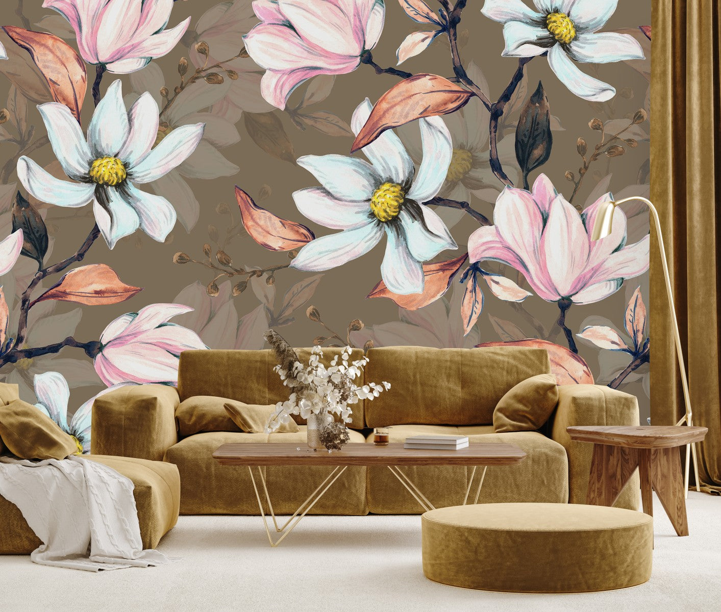 Fashionable Brown Wallpaper with Flowers Tasteful