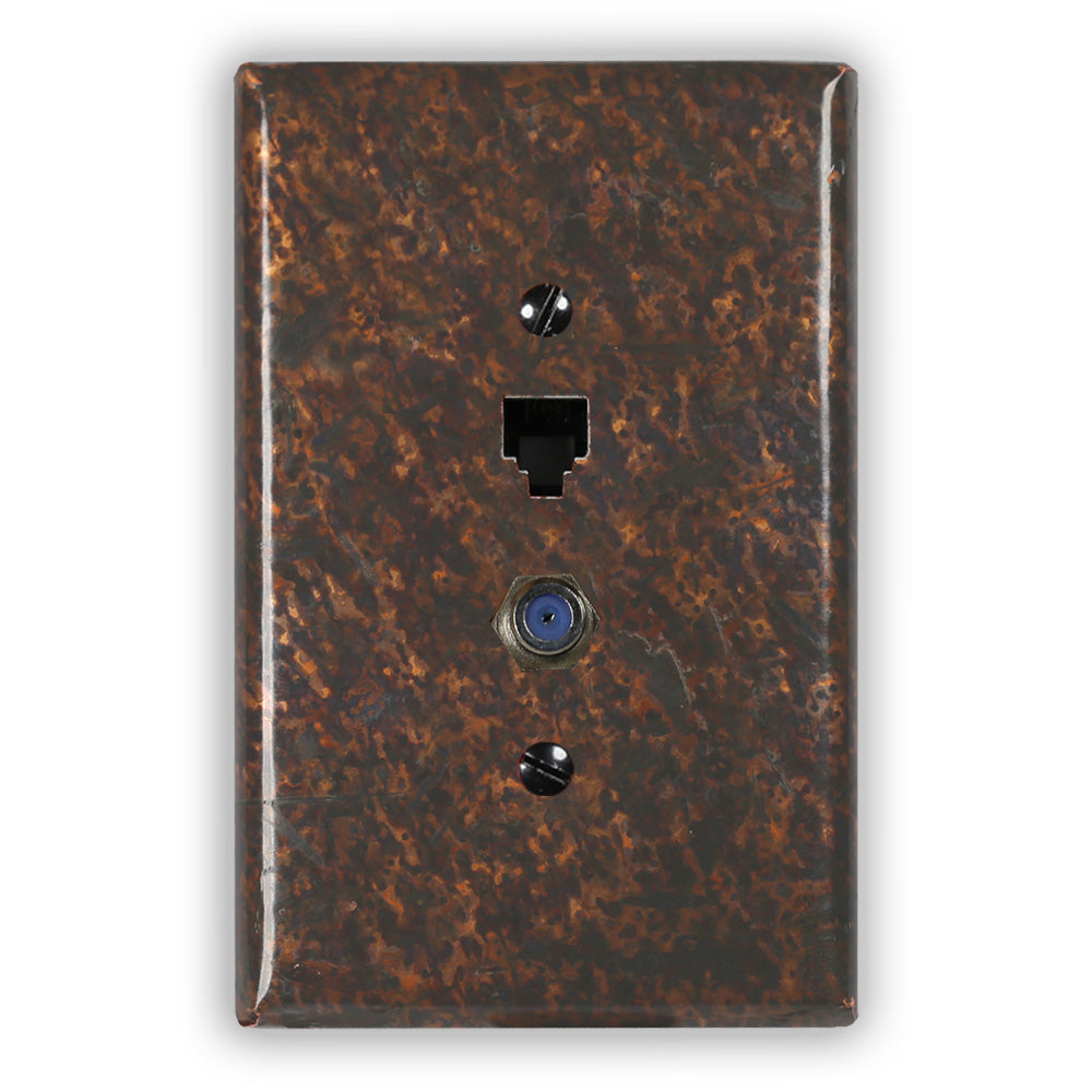 Distressed Dark Copper - 1 Phone Jack / 1 Cable Jack Wallplate