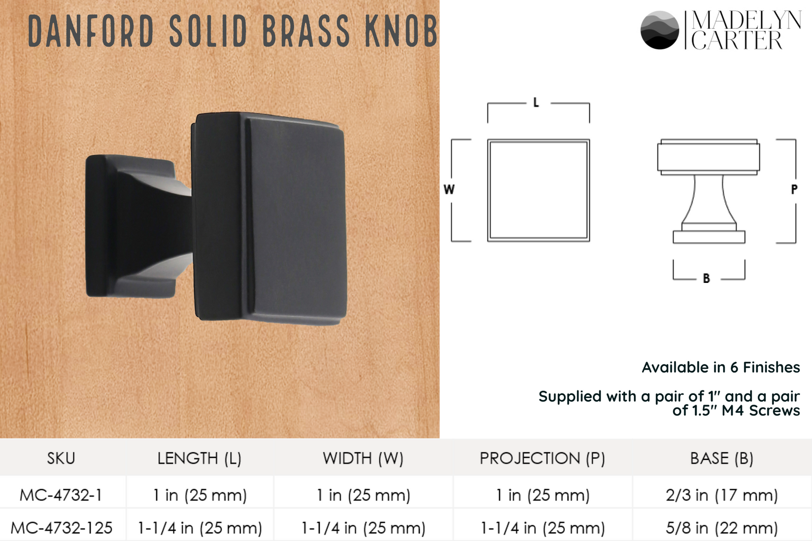 Danford Solid Brass Cabinet Knob - 1"