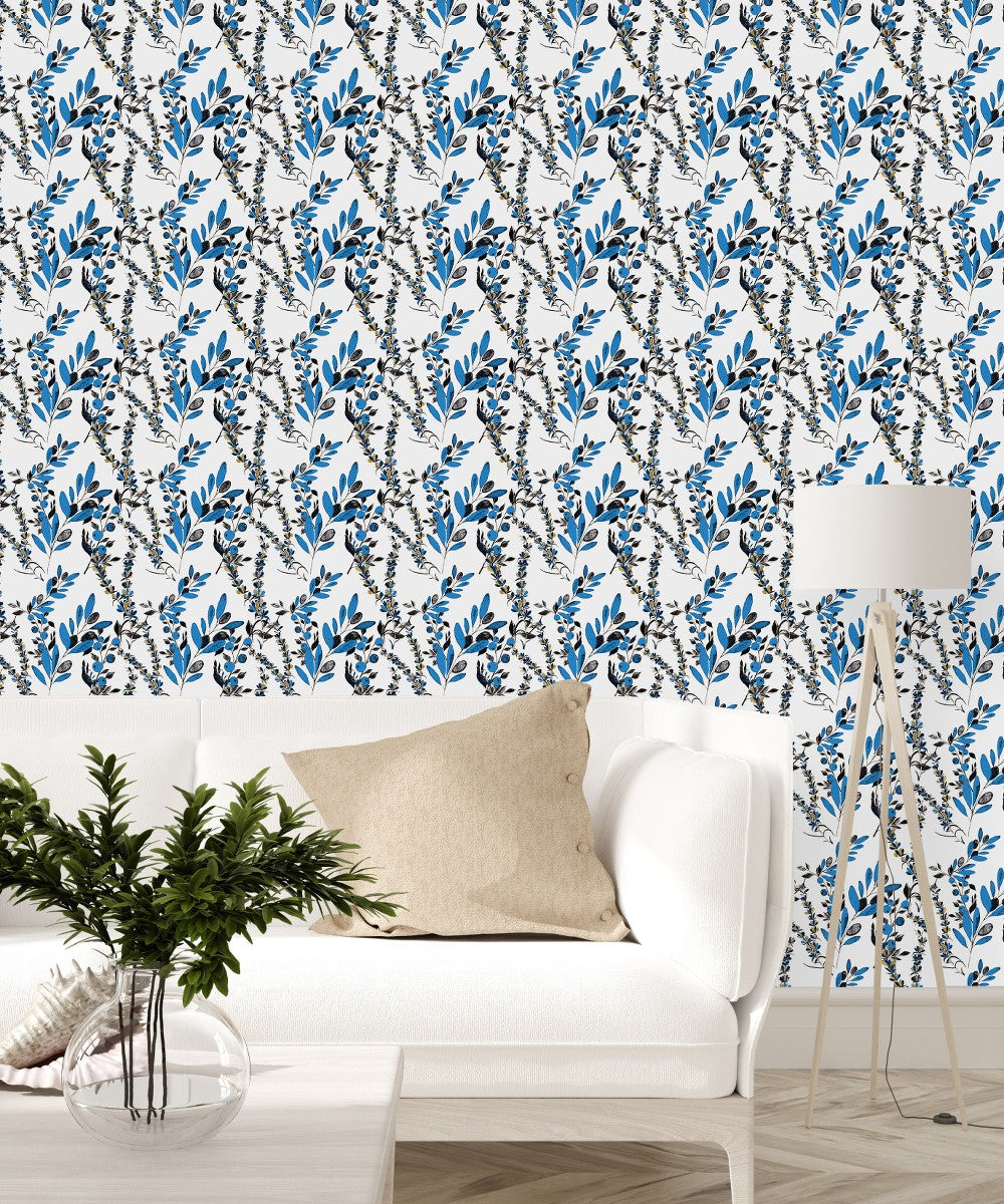 Fashionable Blue Leaves and Berries Wallpaper Vogue