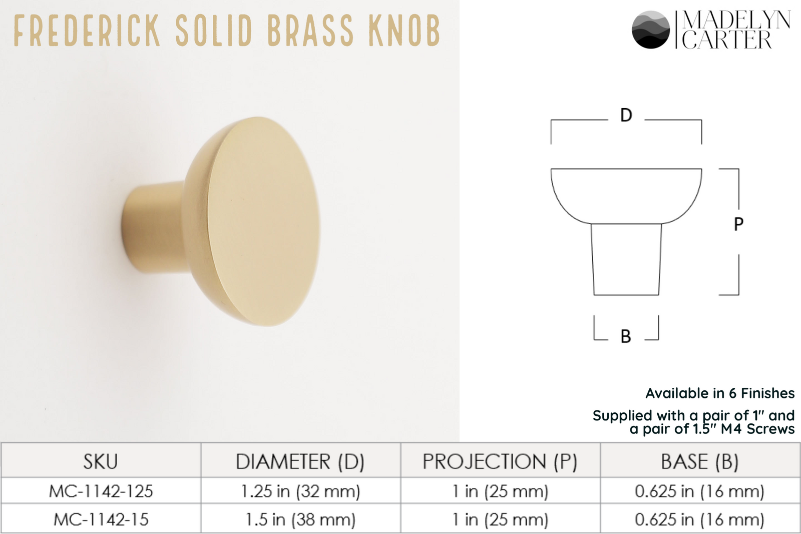 Frederick Solid Brass Cabinet Knob - 1.5 Inch