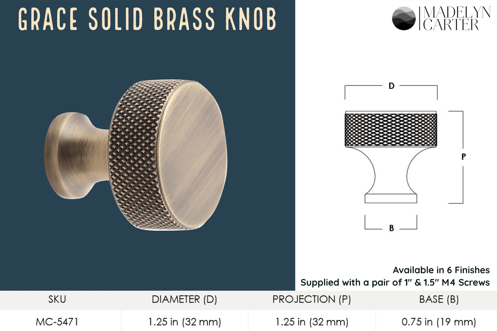 Grace Solid Brass Cabinet Knob