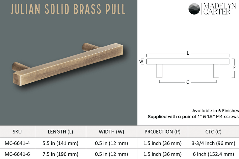 Julian Solid Brass Drawer Pull - 6 Inch Centers