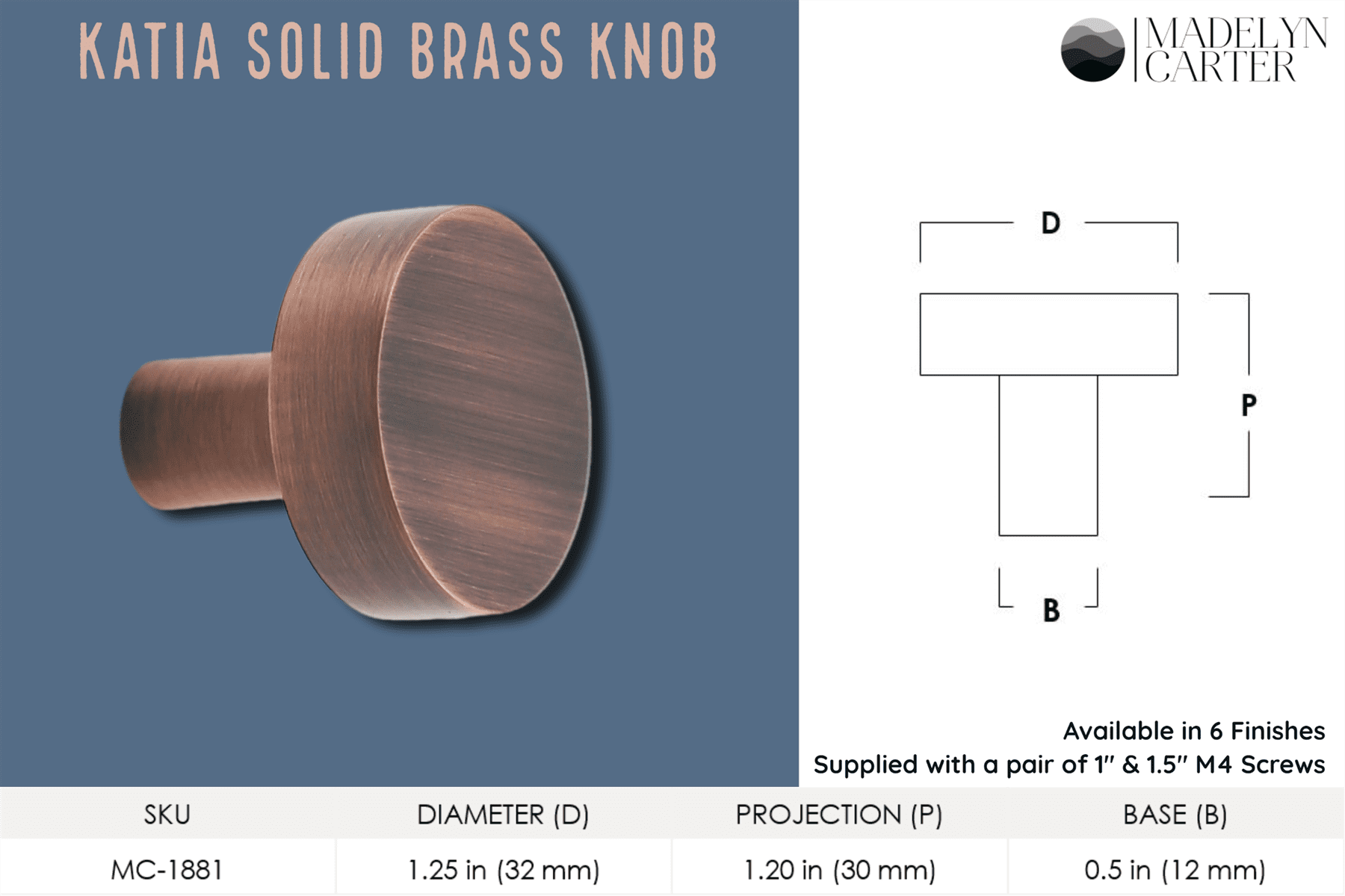 Katia Solid Brass Cabinet Knob