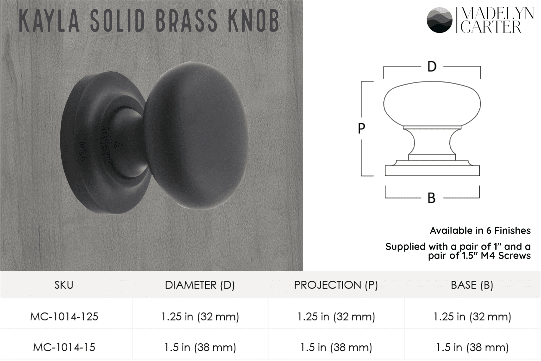 Kayla Solid Brass Cabinet Knob - 1.25"
