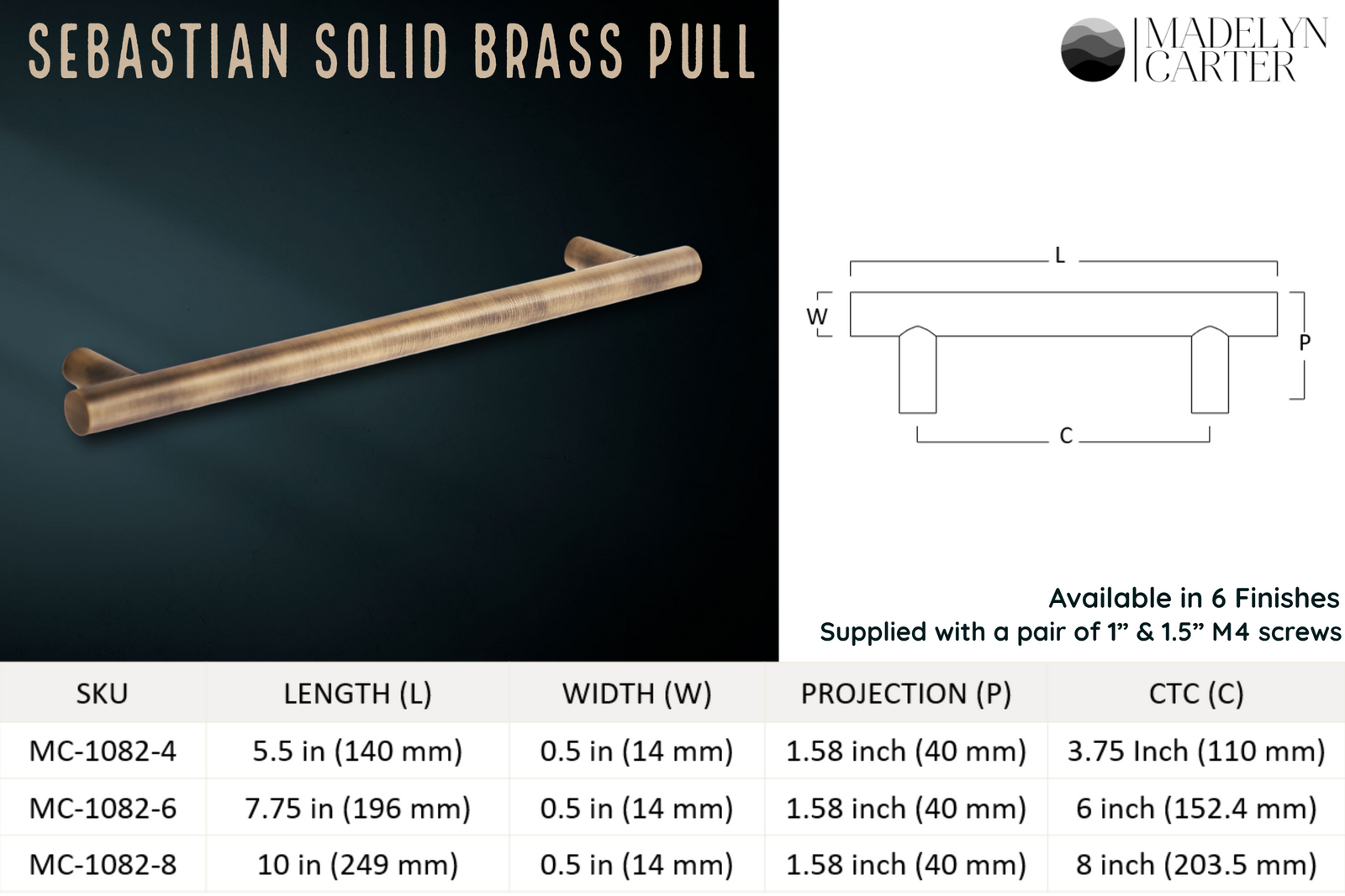 Sebastian Solid Brass Drawer Pull - 8 Inch Centers