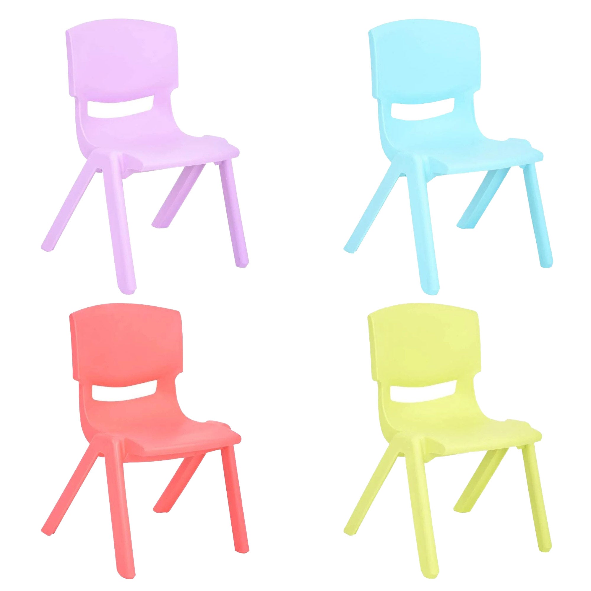 JOON Stackable Plastic Kids Learning Chairs Set, Lilac-Baby Blue-Coral-Lime