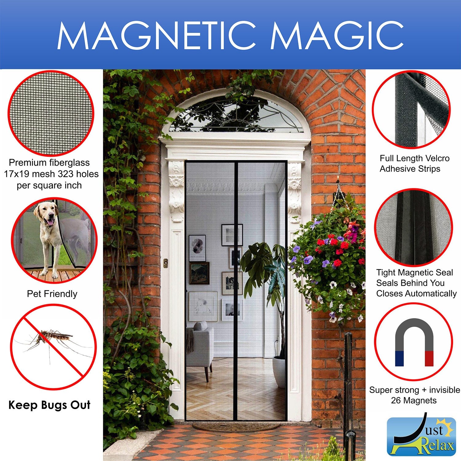 Just Relax Premium Magnetic Fiberglass Mesh Screen Door, Grey, 36x83 Inches