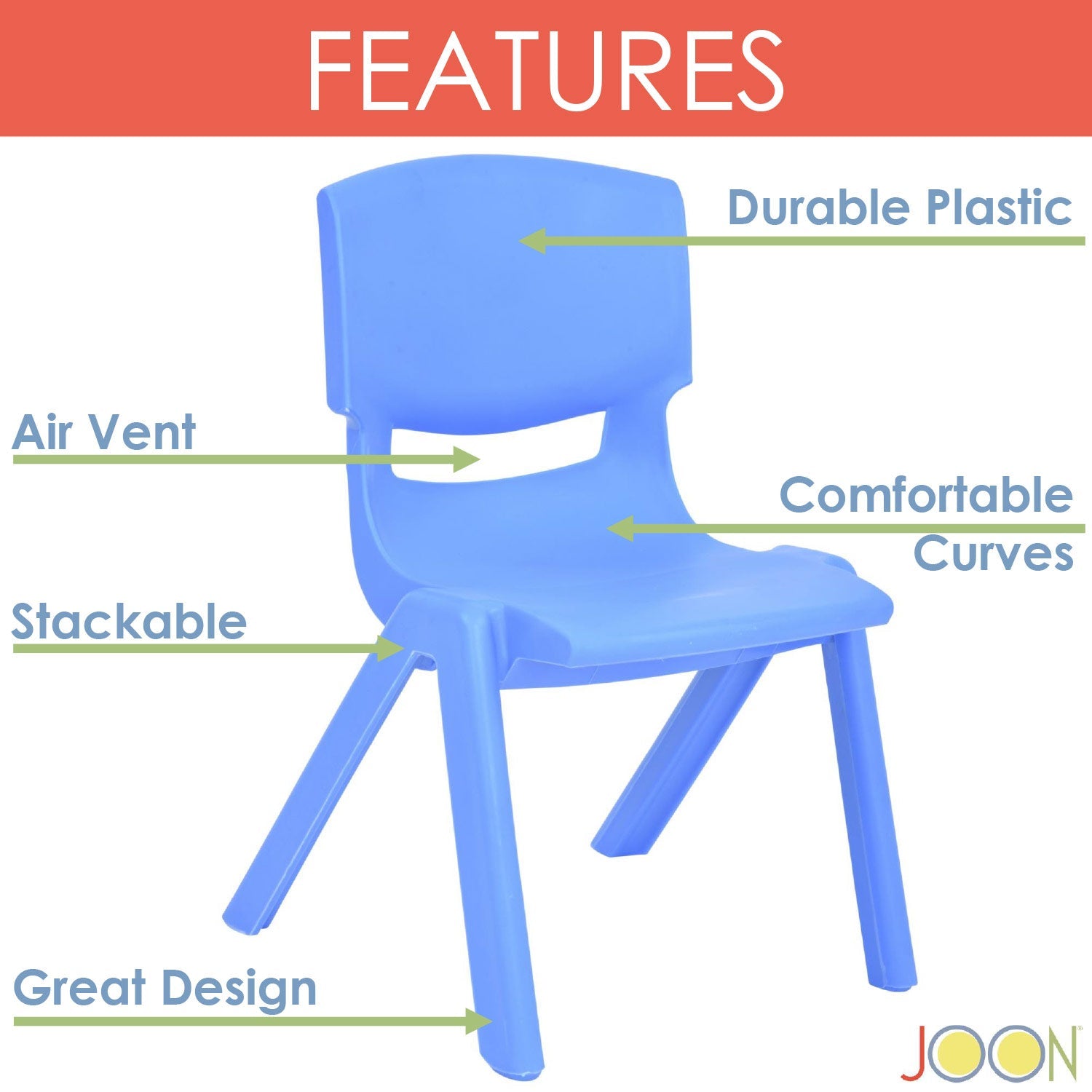 JOON Stackable Plastic Kids Learning Chairs, Blue, 20.5x12.75x11 Inches, 2-Pack (Pack of 2)