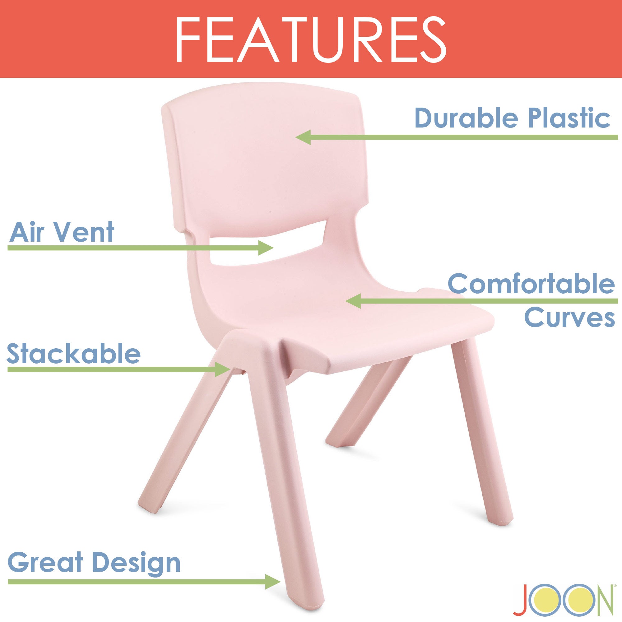 JOON Stackable Plastic Kids Learning Chairs, Blush, 20.5x12.75X11 Inches, 2-Pack (Pack of 2)