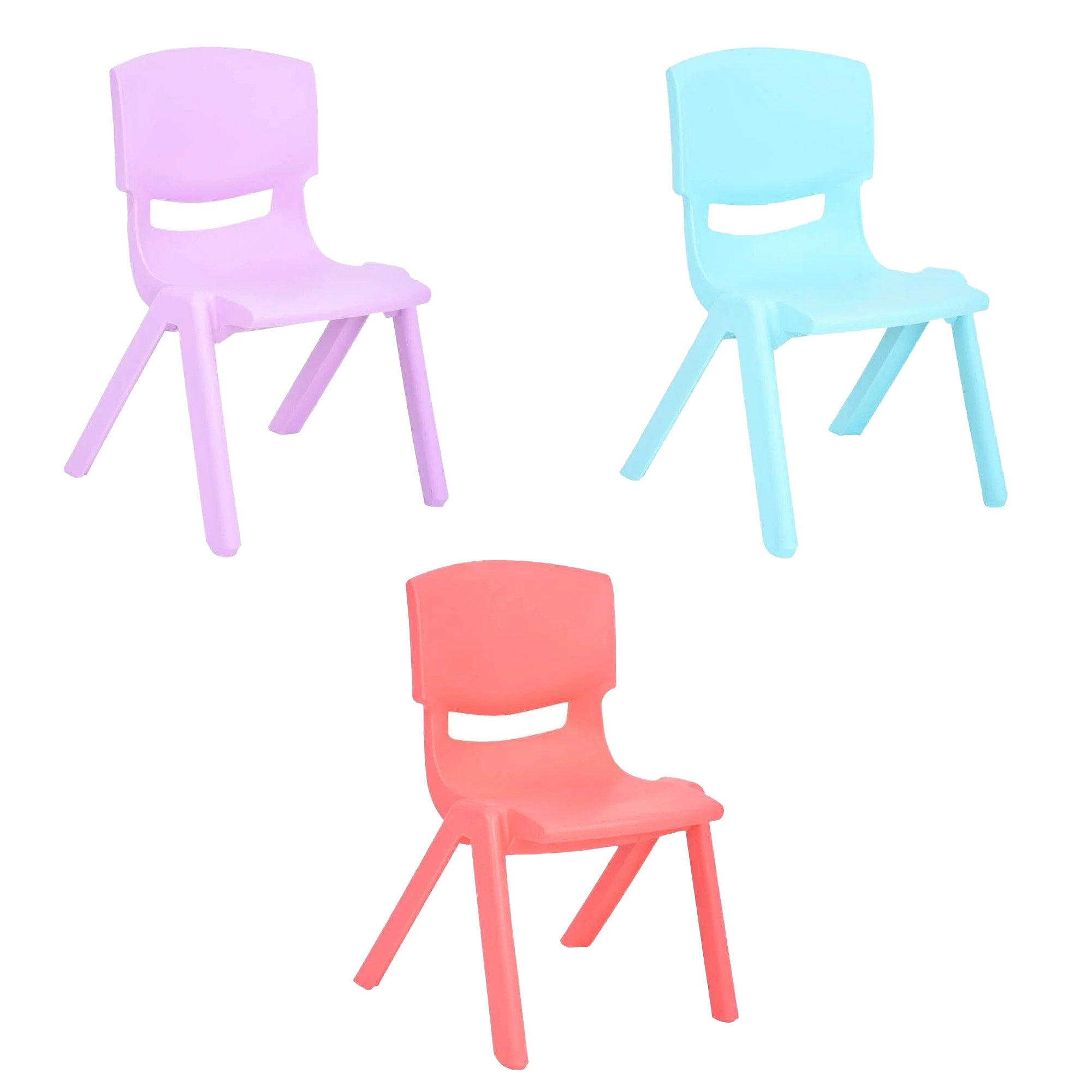 JOON Stackable Plastic Kids Learning Chairs Set, Lilac-Baby Blue-Coral