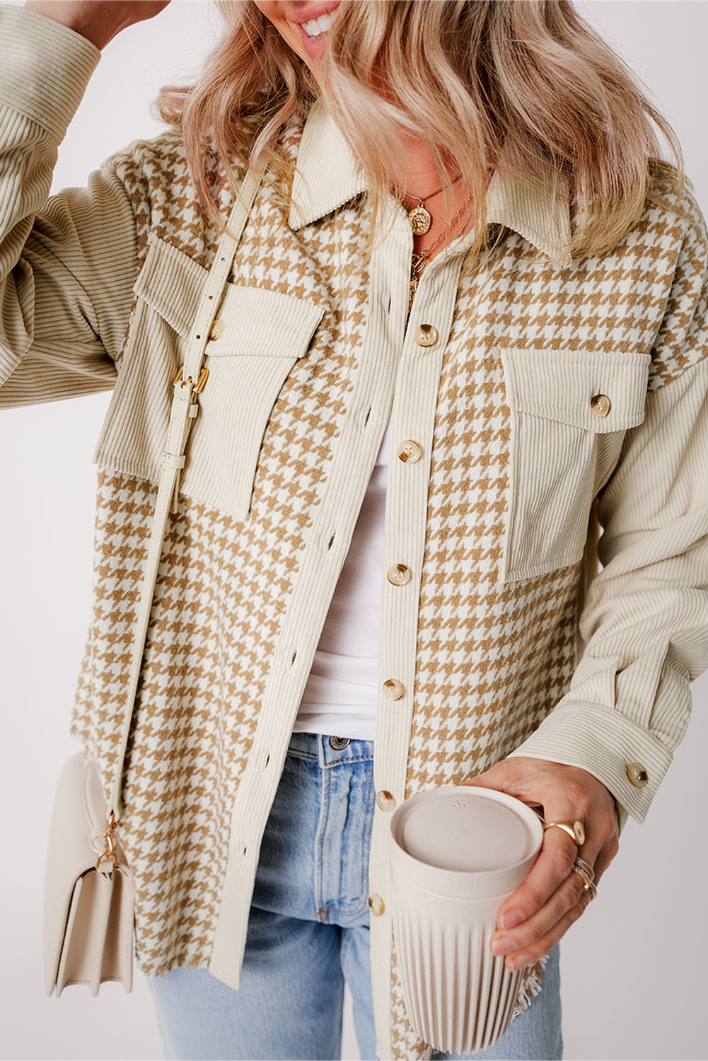 Long-Sleeve Corduroy Button-Down Shirt with Houndstooth