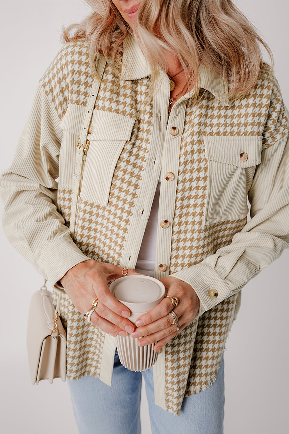 Long-Sleeve Corduroy Button-Down Shirt with Houndstooth