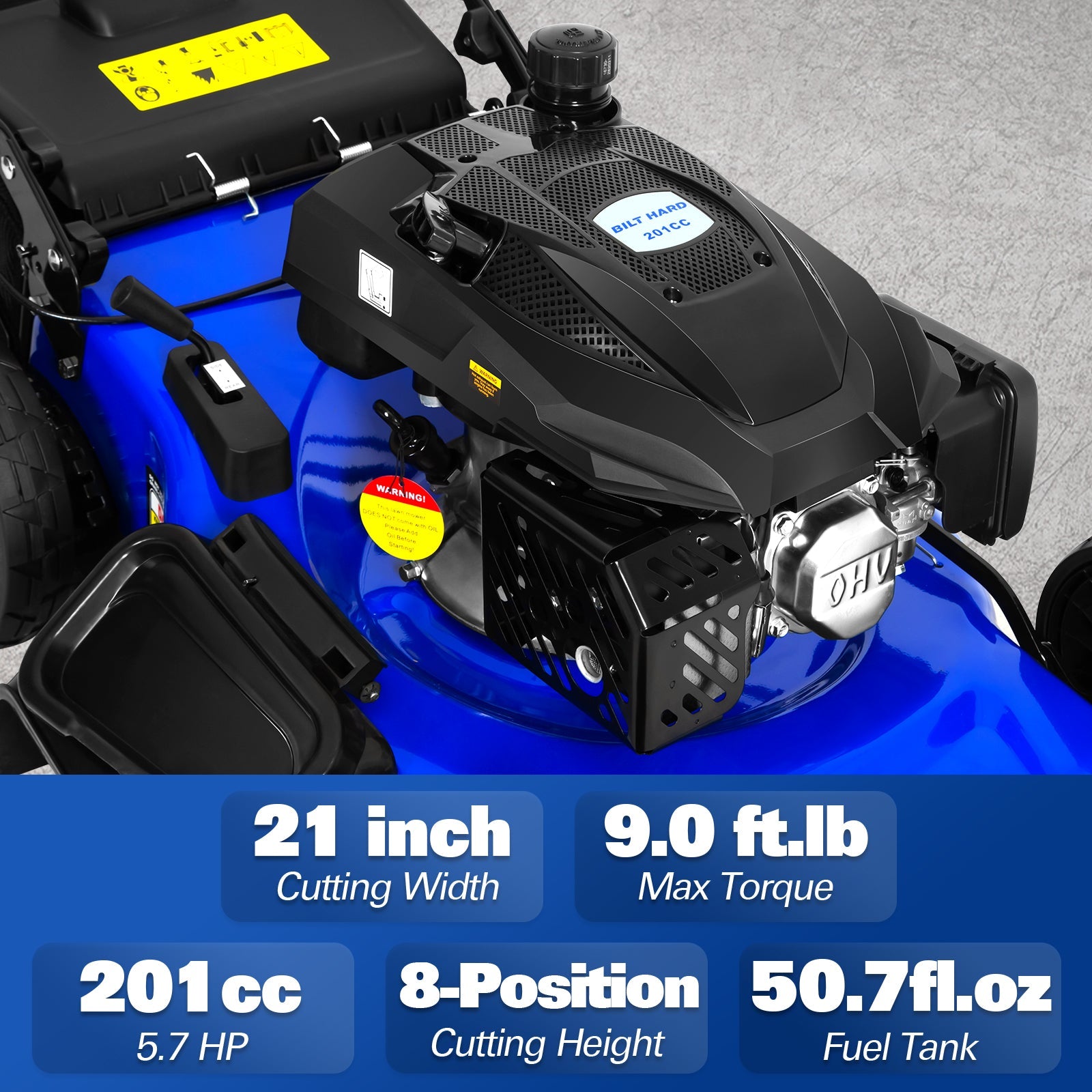 Cortadora de césped autopropulsada BILT HARD de 21 pulgadas, 3 en 1, a gasolina, con motor de 4 tiempos de 201 cc, ensacado, triturado y descarga lateral, altura de corte ajustable de 8 posiciones, arranque fácil.