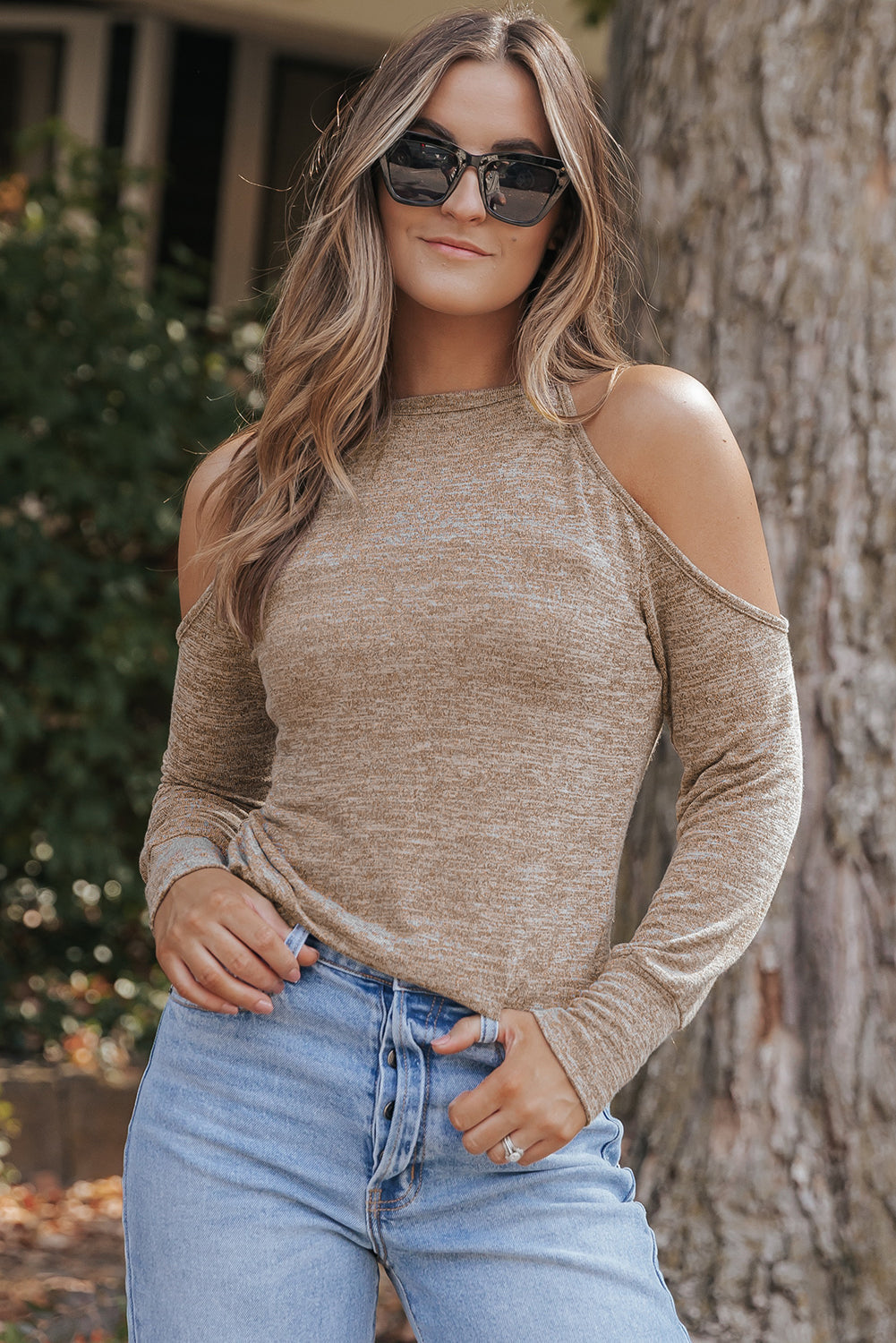 Open Shoulder Distressed Long Sleeve Top
