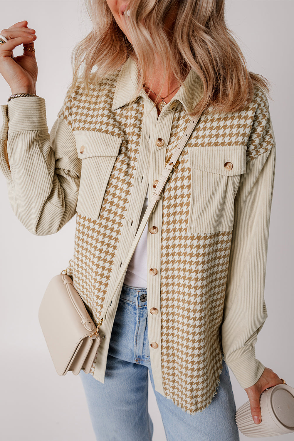 Long-Sleeve Corduroy Button-Down Shirt with Houndstooth