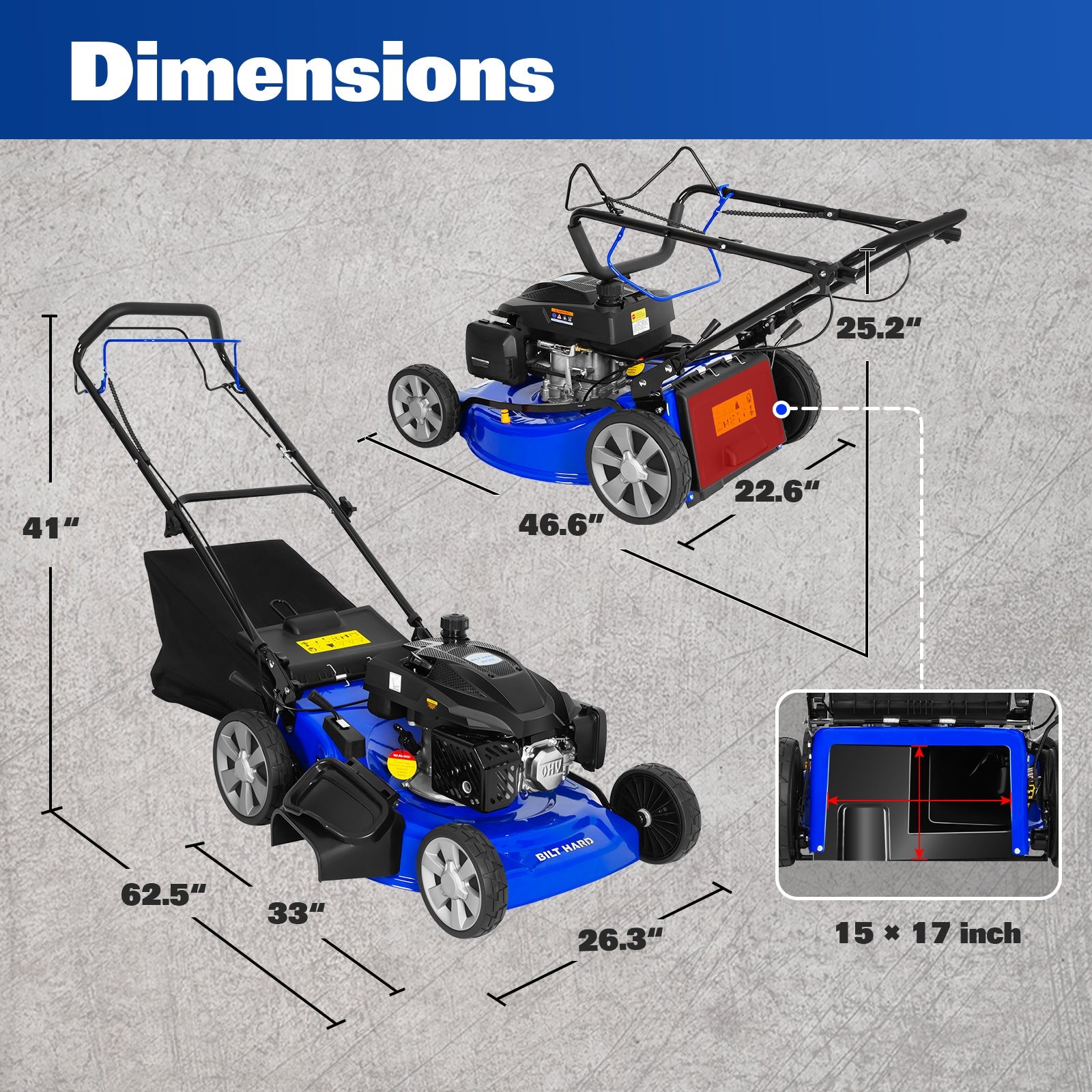Cortadora de césped autopropulsada BILT HARD de 21 pulgadas, 3 en 1, a gasolina, con motor de 4 tiempos de 201 cc, ensacado, triturado y descarga lateral, altura de corte ajustable de 8 posiciones, arranque fácil.