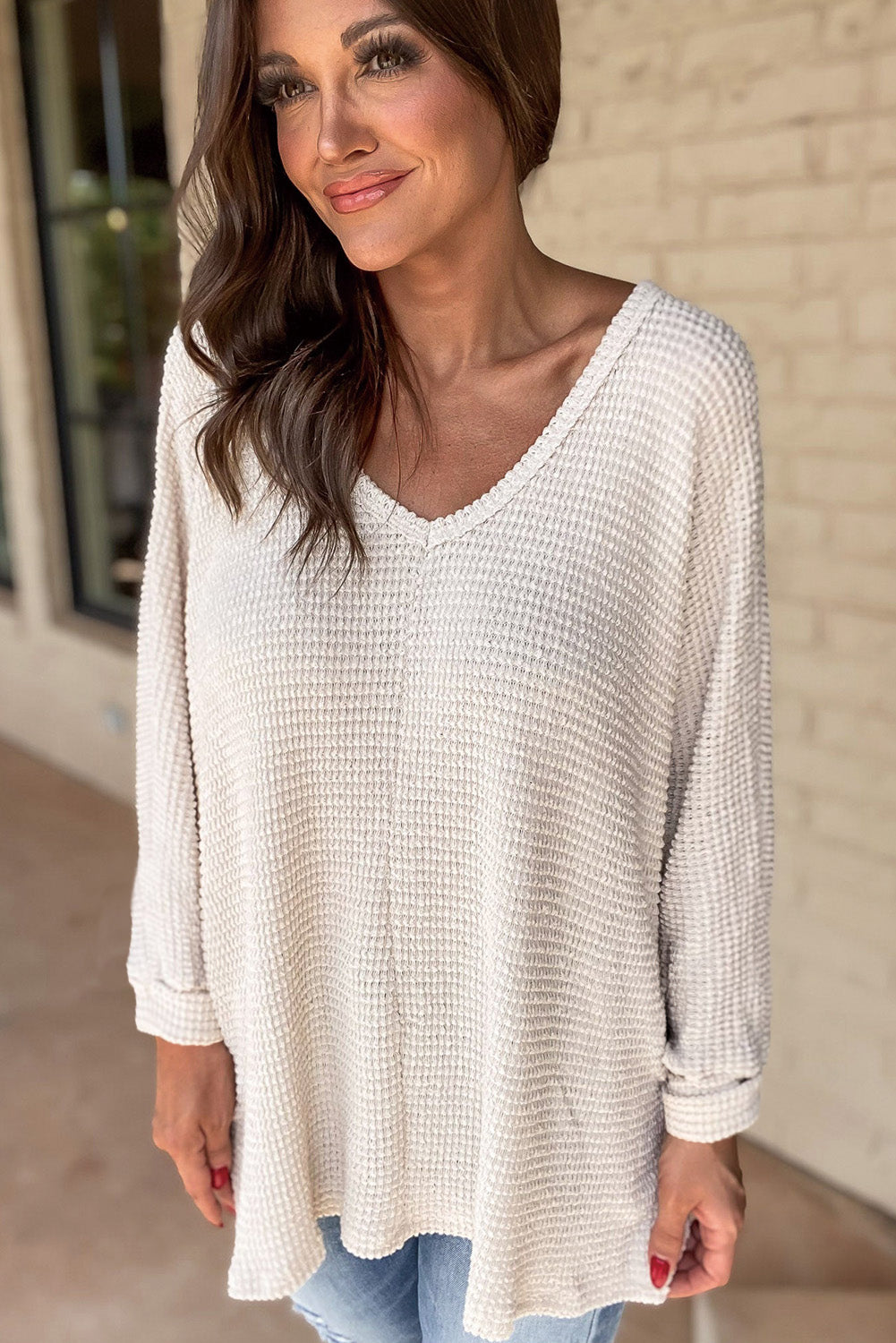 Women's Waffle Knit V-Neck Long Sleeve Tunic Top