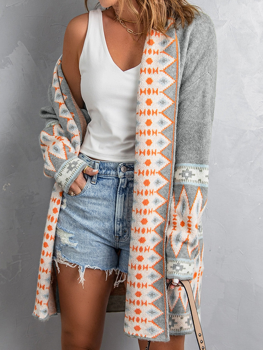 Open Front Long Cardigan with Tribal Print