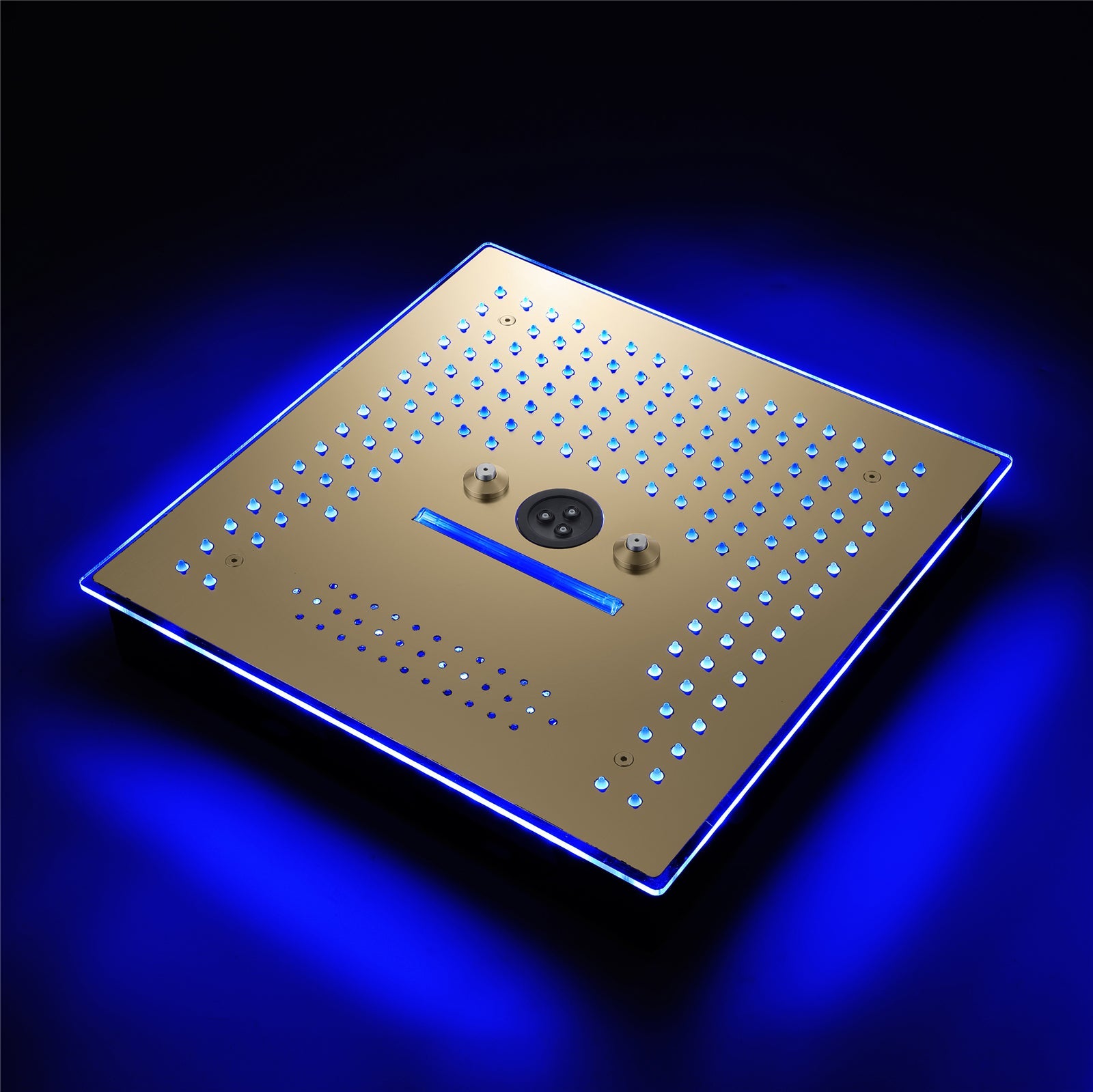 Cabezal de ducha de lluvia, cascada, niebla e hidromasaje de 16 pulgadas con montaje empotrado en oro cepillado con 64 luces LED y música Bluetooth - Grifo de ducha termostático de 5 vías con pantalla digital opcional