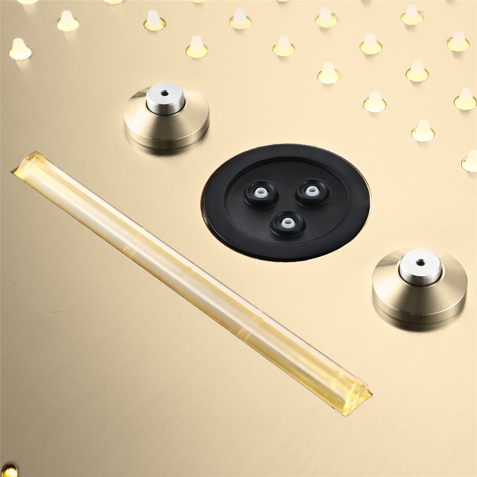 Cabezal de ducha de lluvia, cascada, niebla e hidromasaje de 16 pulgadas con montaje empotrado en oro cepillado con 64 luces LED y música Bluetooth - Grifo de ducha termostático de 5 vías con pantalla digital opcional