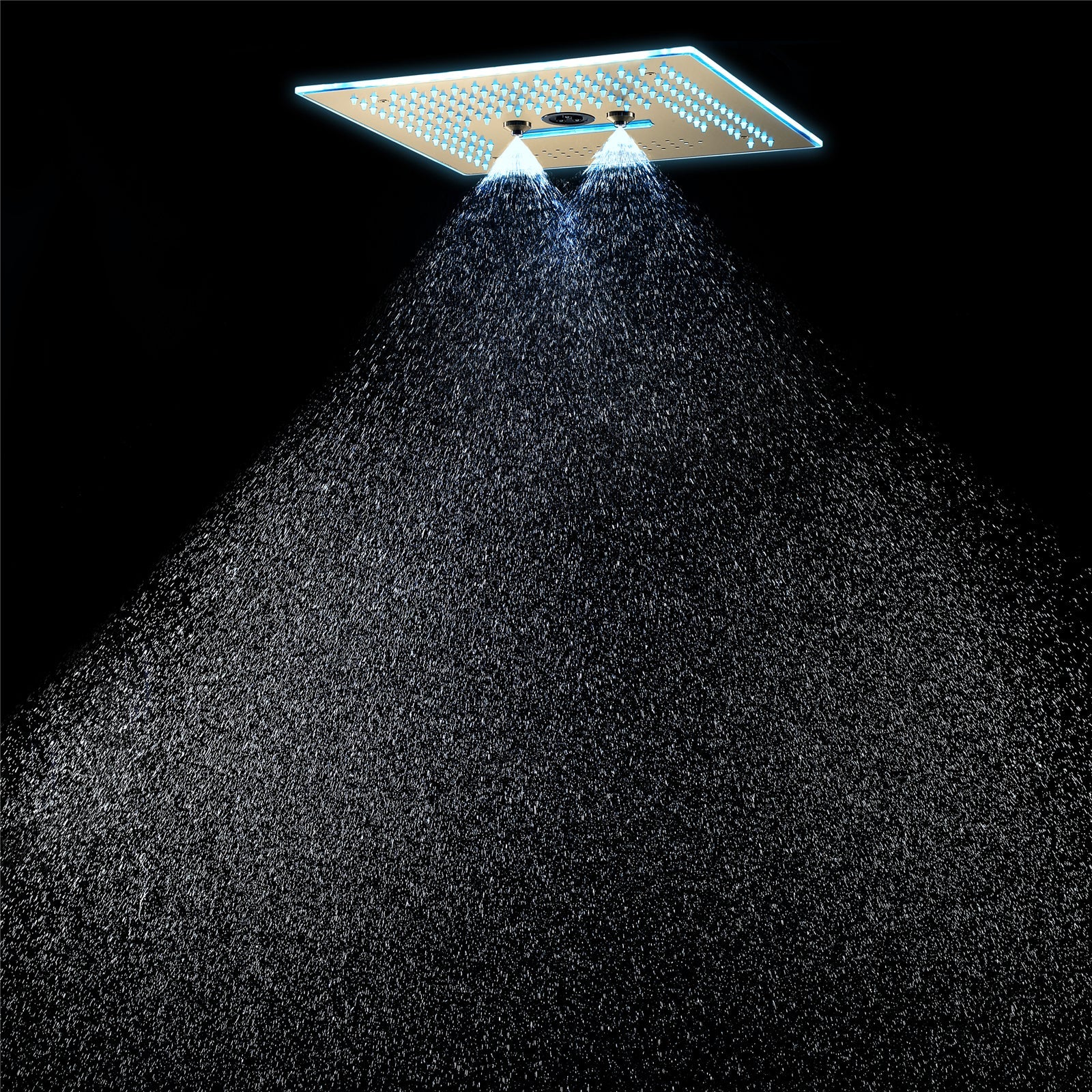 Cabezal de ducha de lluvia, cascada, niebla e hidromasaje de 16 pulgadas con montaje empotrado en oro cepillado con 64 luces LED y música Bluetooth - Grifo de ducha termostático de 5 vías con pantalla digital opcional