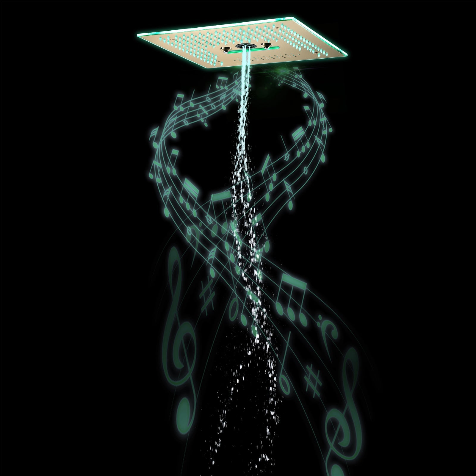 Cabezal de ducha de lluvia, cascada, niebla e hidromasaje de 16 pulgadas con montaje empotrado en oro cepillado con 64 luces LED y música Bluetooth - Grifo de ducha termostático de 5 vías con pantalla digital opcional