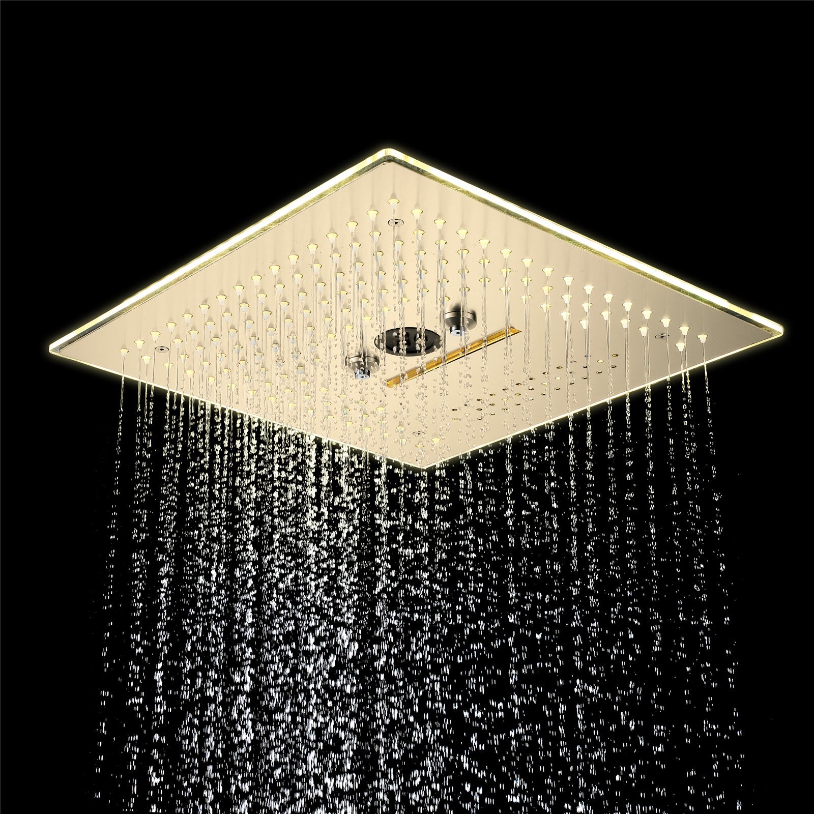 Cabezal de ducha de lluvia, cascada, niebla e hidromasaje de 16 pulgadas con montaje empotrado en oro cepillado con 64 luces LED y música Bluetooth - Grifo de ducha termostático de 5 vías con pantalla digital opcional