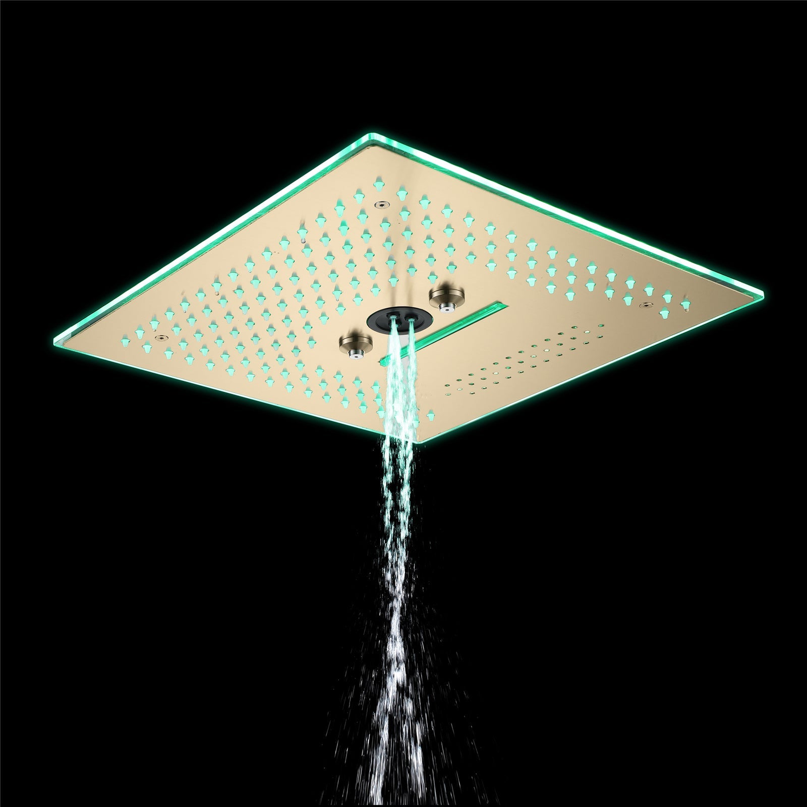 Cabezal de ducha de lluvia, cascada, niebla e hidromasaje de 16 pulgadas con montaje empotrado en oro cepillado con 64 luces LED y música Bluetooth - Grifo de ducha termostático de 5 vías con pantalla digital opcional