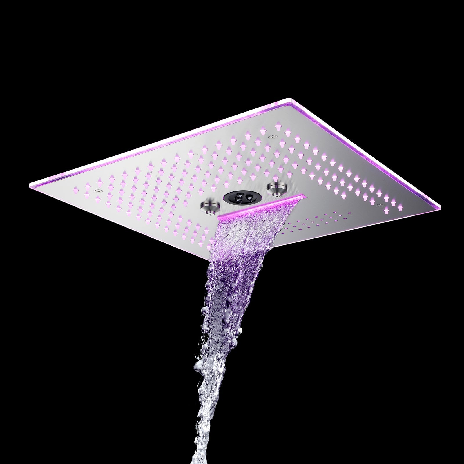 Sistema de ducha termostático digital de 5 posiciones con efecto lluvia, cascada y masaje con agua, de níquel cepillado, de 16 pulgadas, con 64 luces LED e integración de música por Bluetooth
