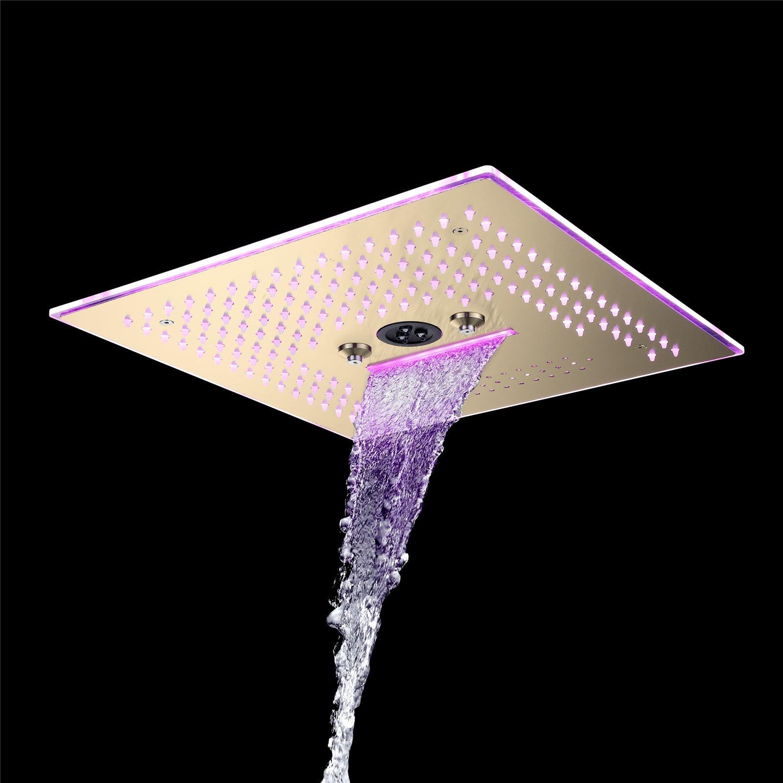 Cabezal de ducha de lluvia, cascada, niebla e hidromasaje de 16 pulgadas con montaje empotrado en oro cepillado con 64 luces LED y música Bluetooth - Grifo de ducha termostático de 5 vías con pantalla digital opcional