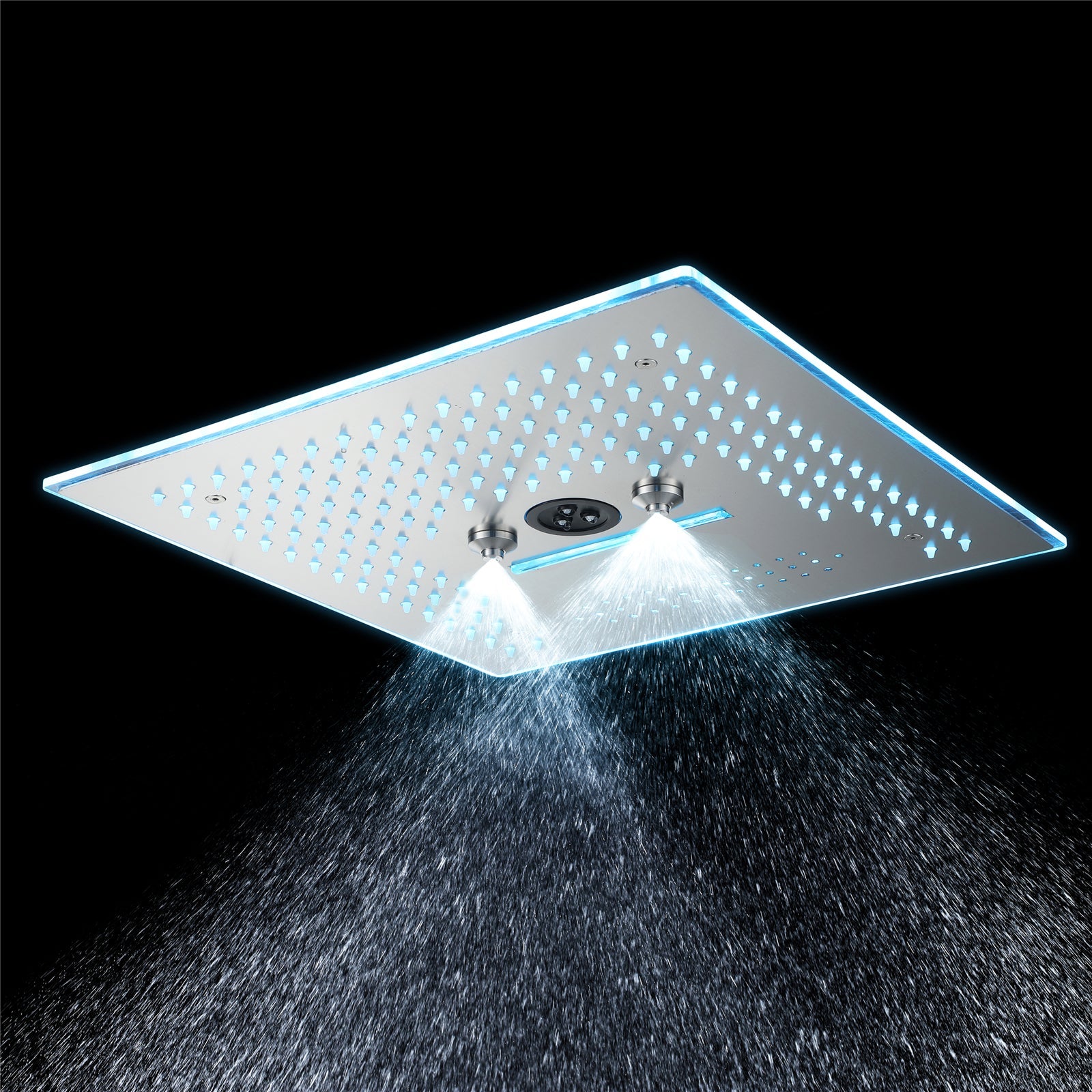 Sistema de ducha termostático digital de 5 posiciones con efecto lluvia, cascada y masaje con agua, de níquel cepillado, de 16 pulgadas, con 64 luces LED e integración de música por Bluetooth